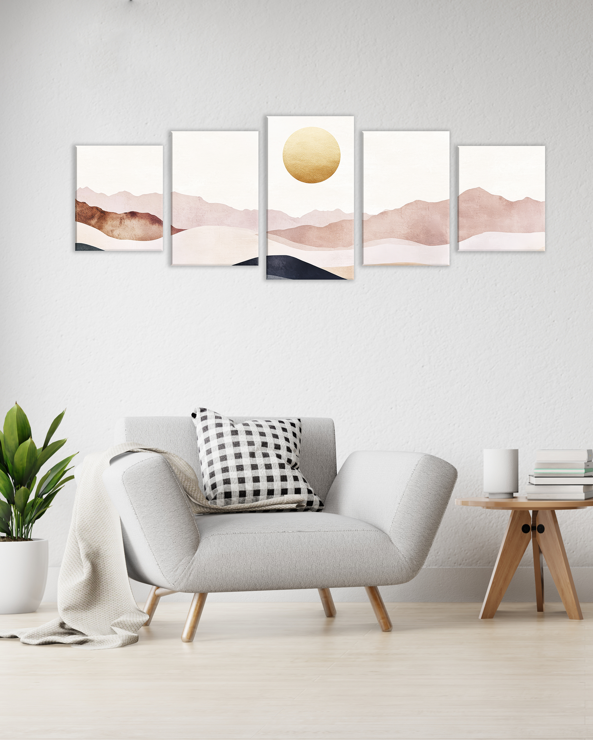 Cuadro Decorativo Moderno de Montañas y Sol Dorado