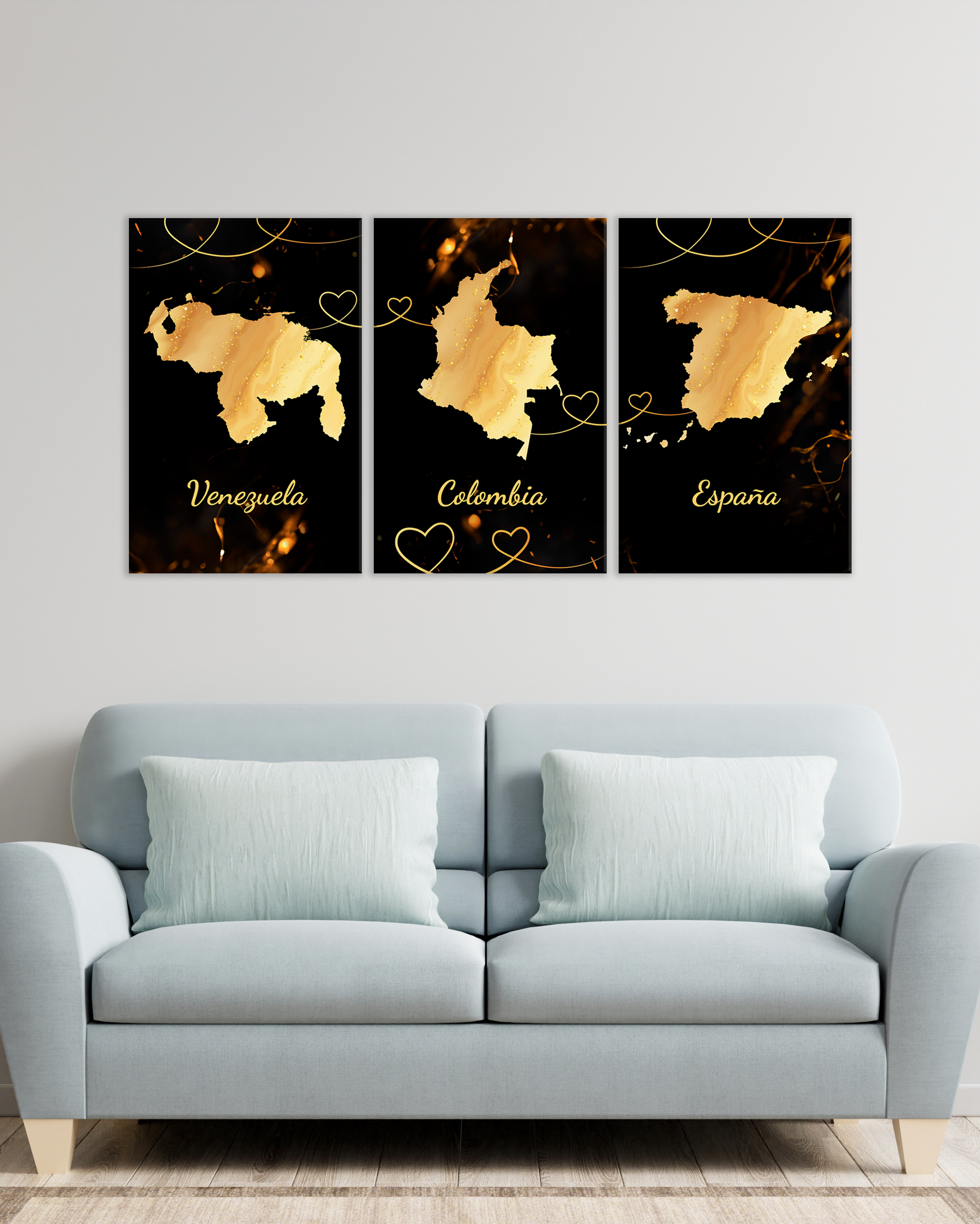 Set de Cuadros Mapas Venezuela, Colombia y España en Dorado