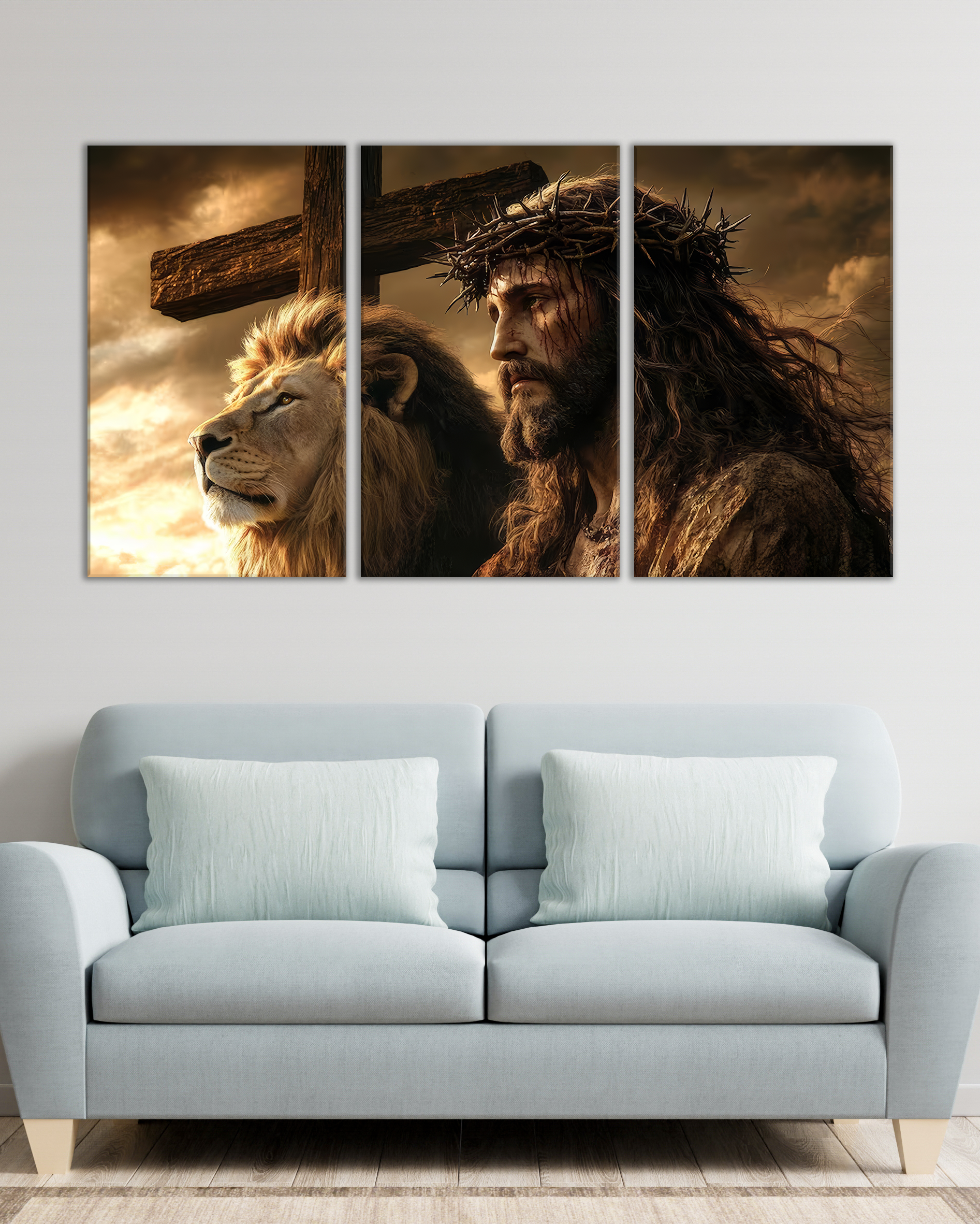 Cuadro de Jesús con León y Cruz – Decoración Cristiana Poderosa para el Hogar