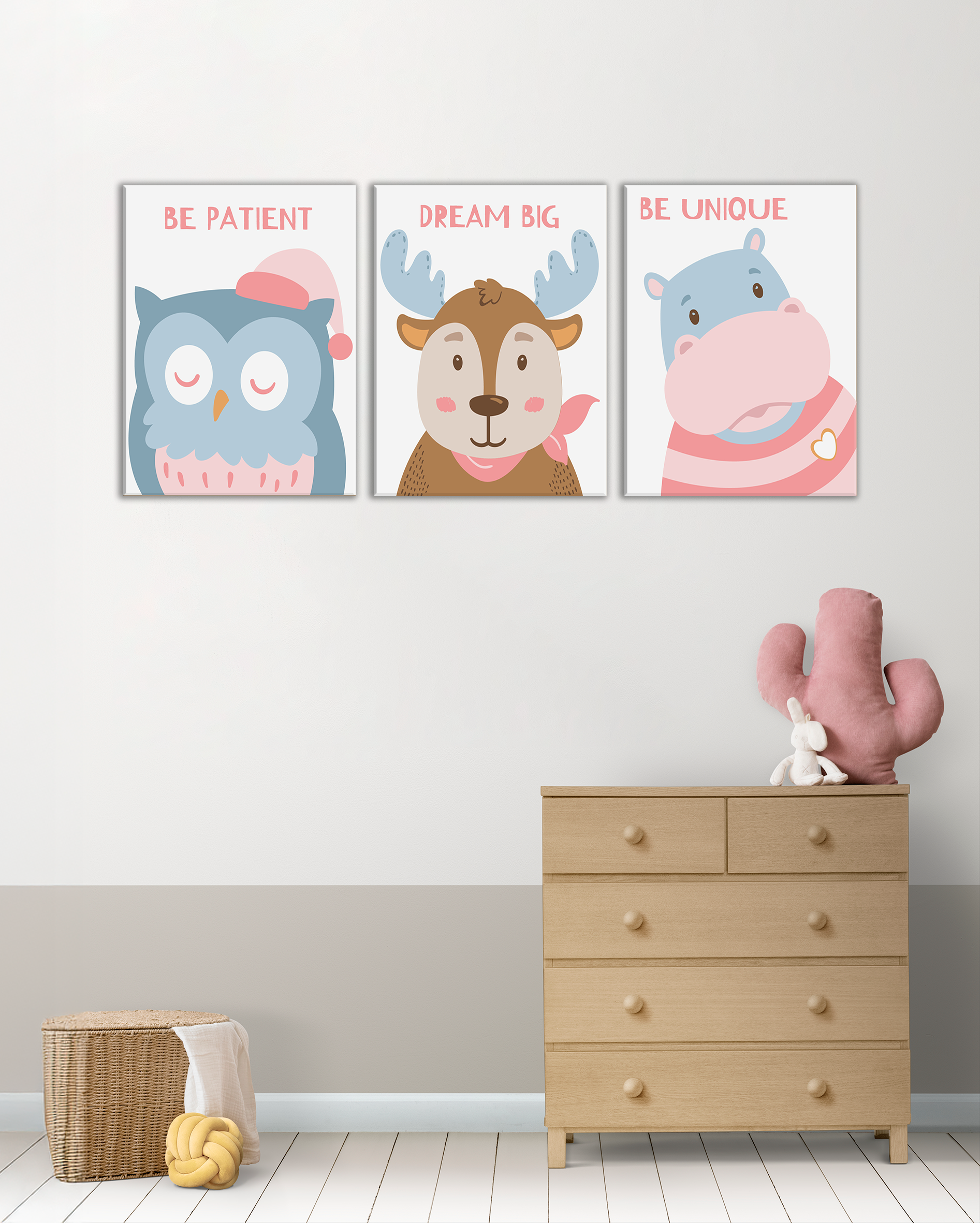 Cuadro Tríptico Infantil con Animales y Frases Positivas | Decoración para Habitación de Niños