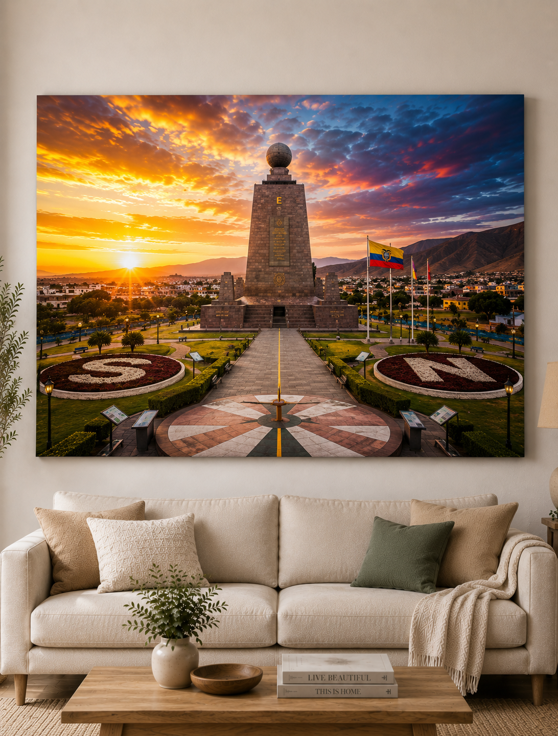 Cuadro retrato del Monumento Mitad del Mundo en paisaje Ecuador al Atardecer