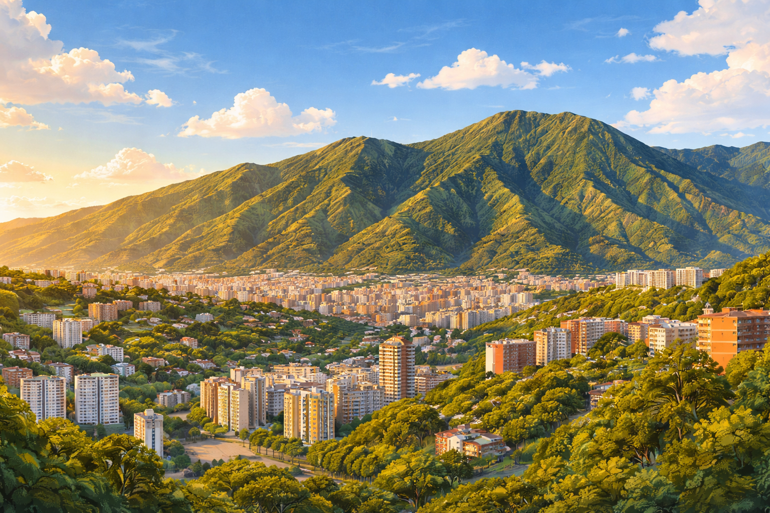 Cuadro de El Ávila con vista a Caracas. Paisaje urbano y natural de Venezuela