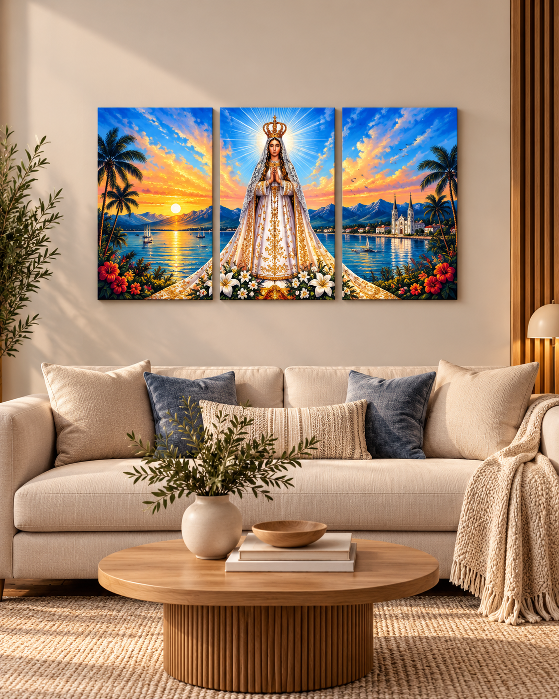 Cuadro Virgen del Valle de Venezuela – Tríptico Religioso con Paisaje Venezolano