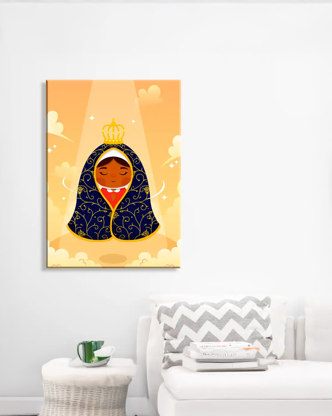 Cuadro Retrato Virgen María en Ilustración con Fondo Amarillo