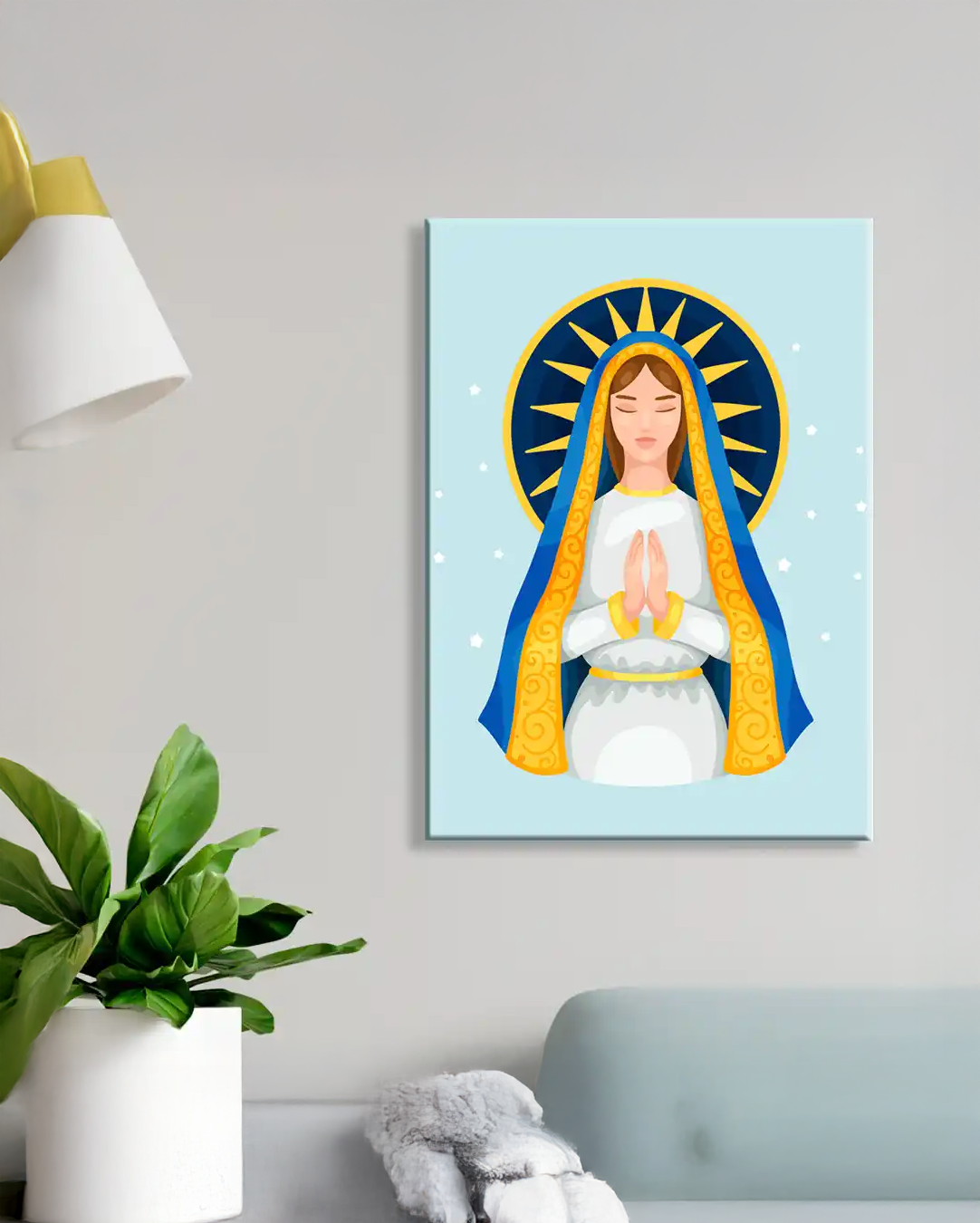 Cuadro Retrato Virgen María en Ilustración con Fondo Azul