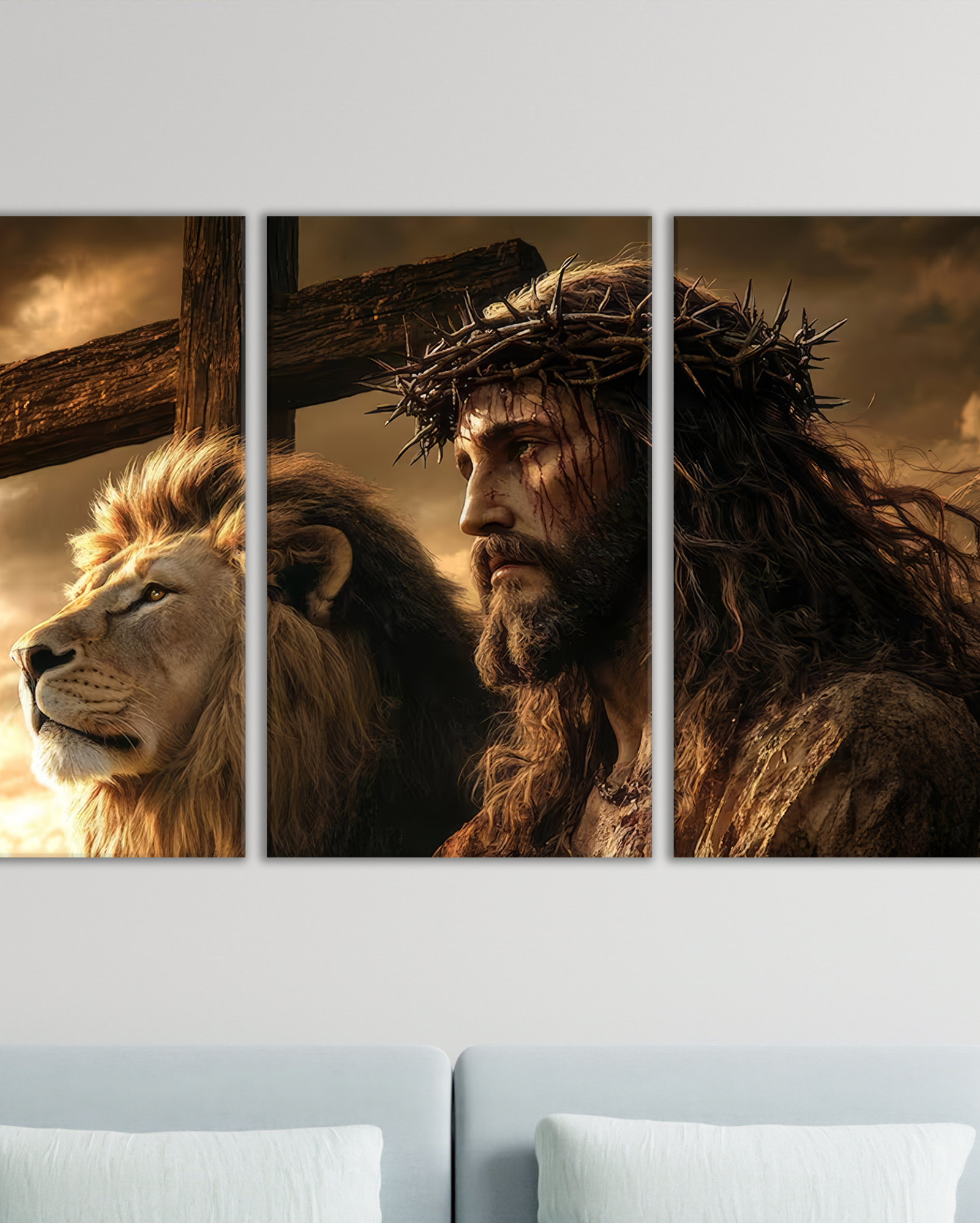 Cuadro de Jesús con León y Cruz – Decoración Cristiana Poderosa para el Hogar