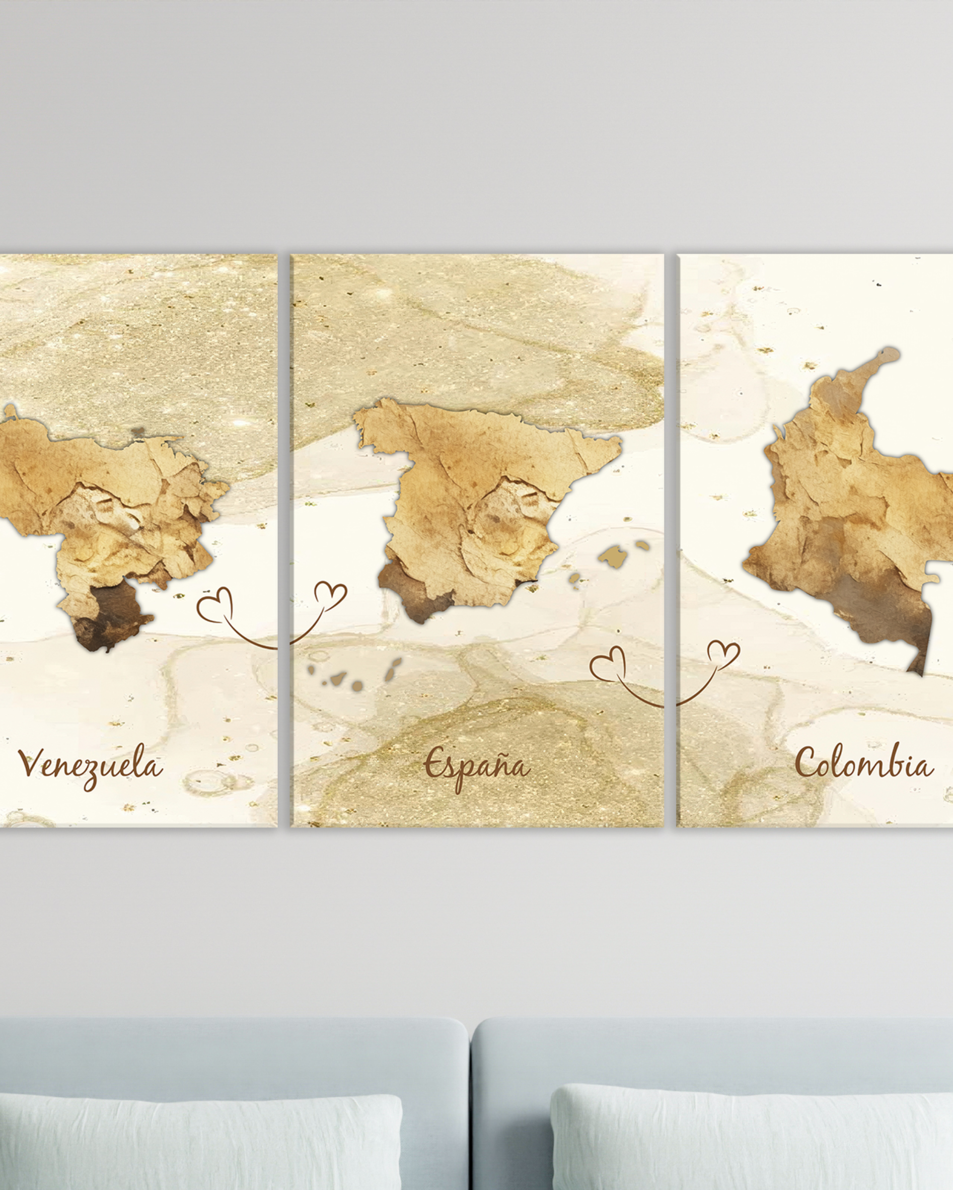 Cuadros personalizados mapas de países. Set de 3 fondo dorado