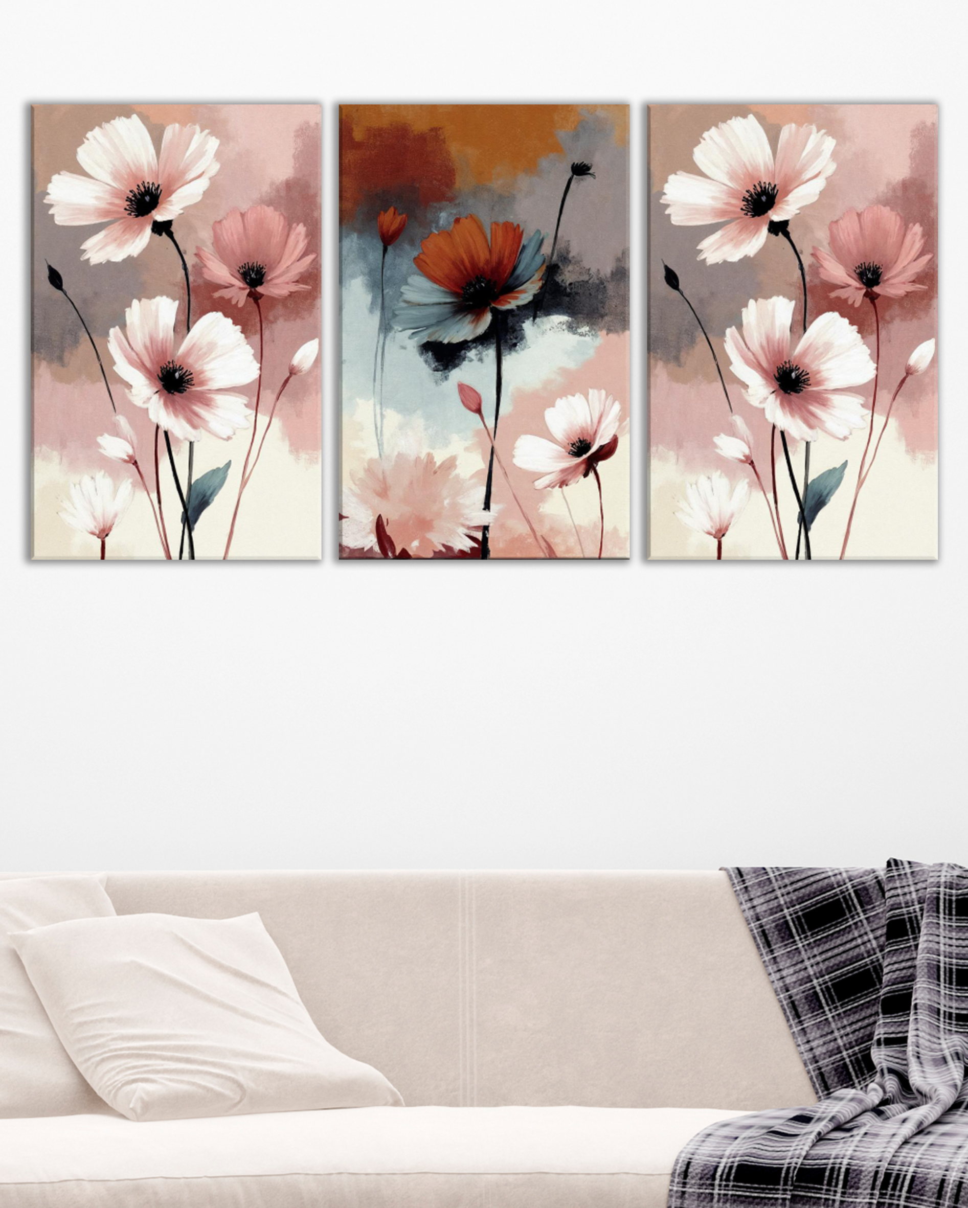 Cuadros de Flores Abstractas en Tríptico | Arte Floral Moderno para Salón o Dormitorio