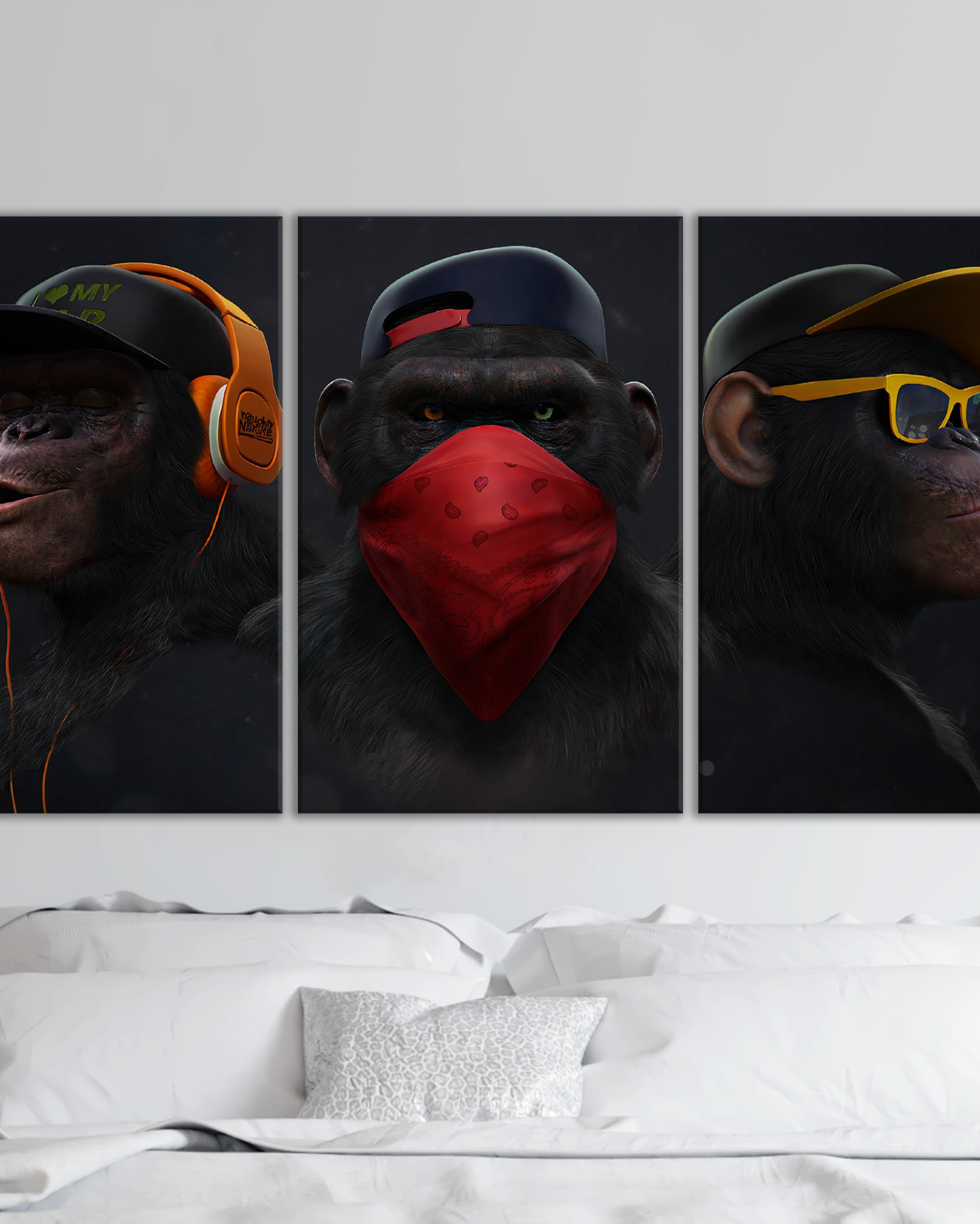 Cuadro Tríptico de Monos Modernos – Estilo Urbano para Dormitorio