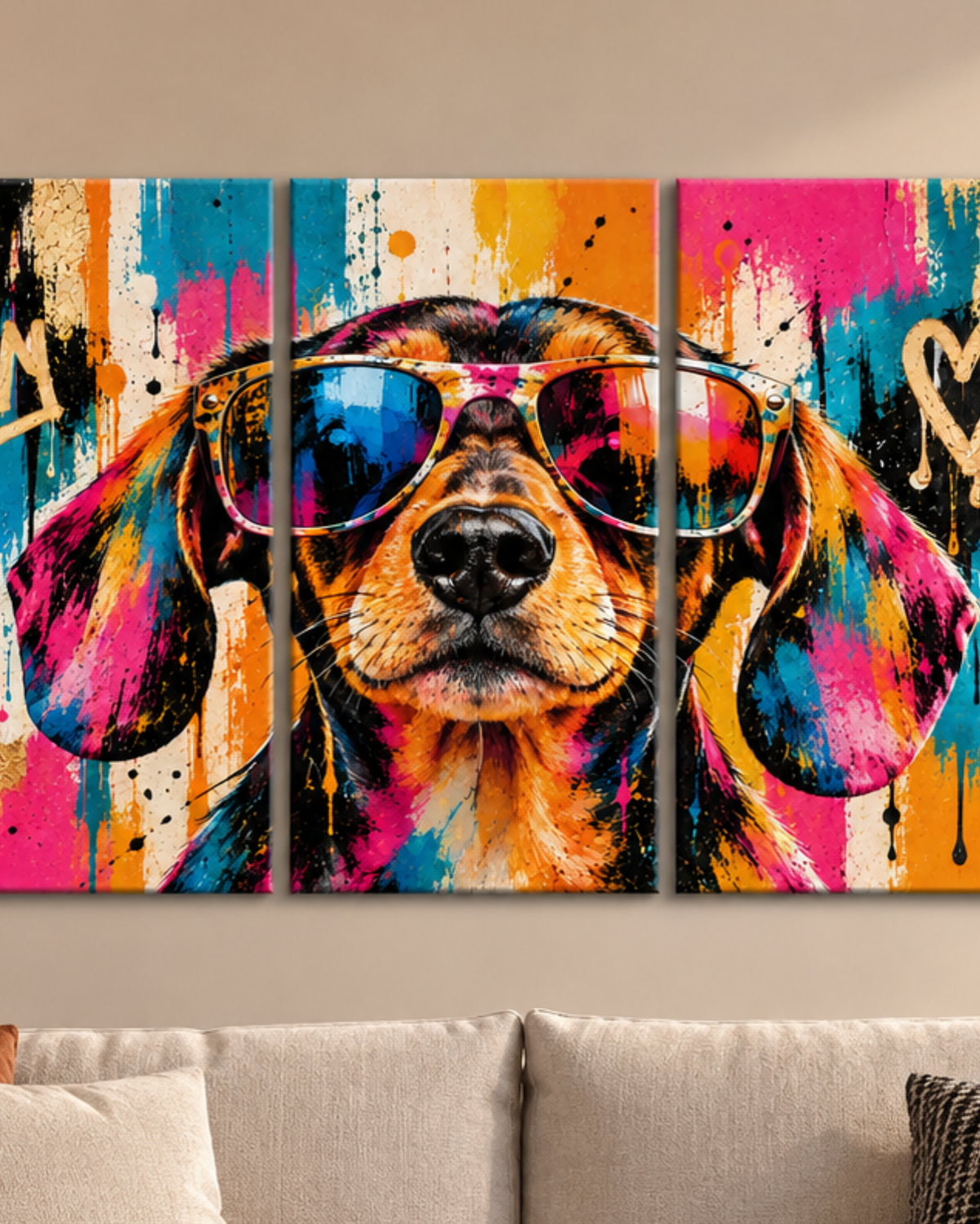 Cuadro de Perro Pop Art con Gafas de Sol – Tríptico Moderno Multicolor