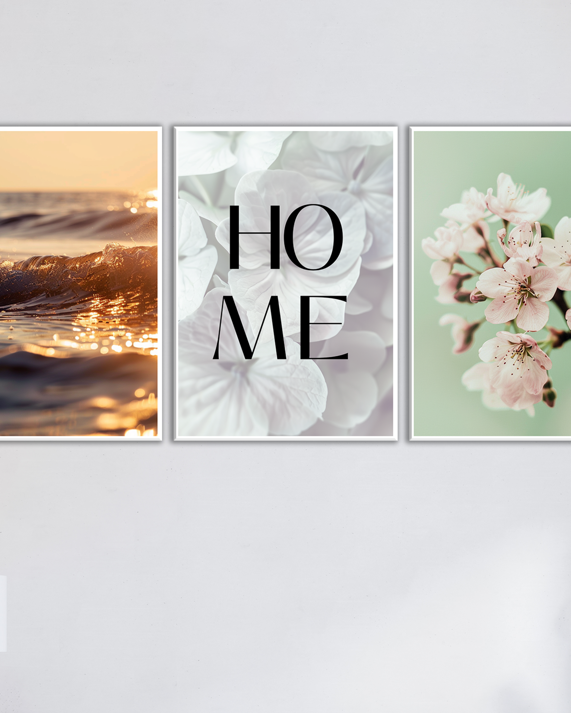 Cuadro decorativo “Home” con flores y mar – Tríptico moderno para salón o recibidor
