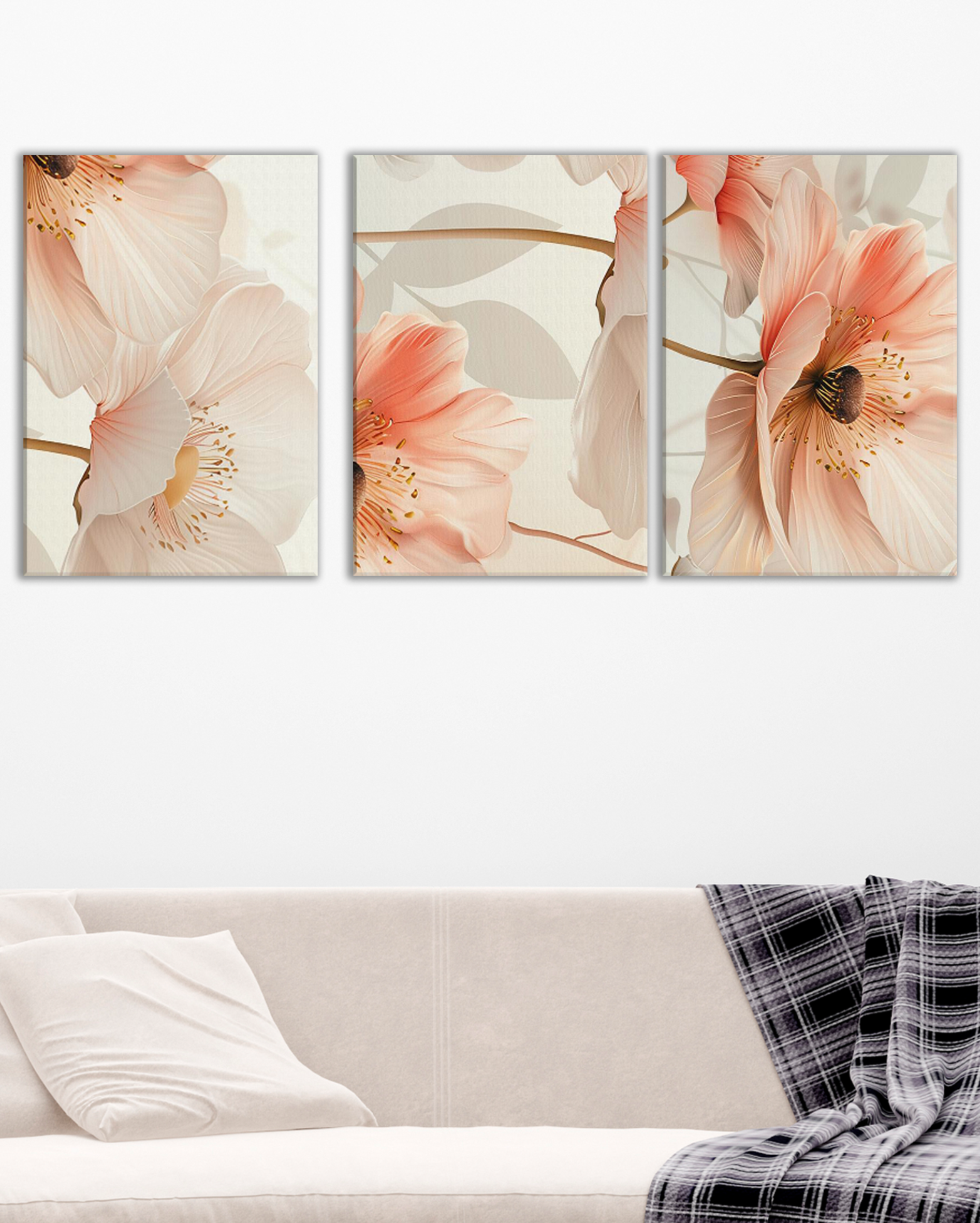 Tríptico Floral en Tonos Pastel | Cuadros Decorativos de Flores para Salón o Dormitorio