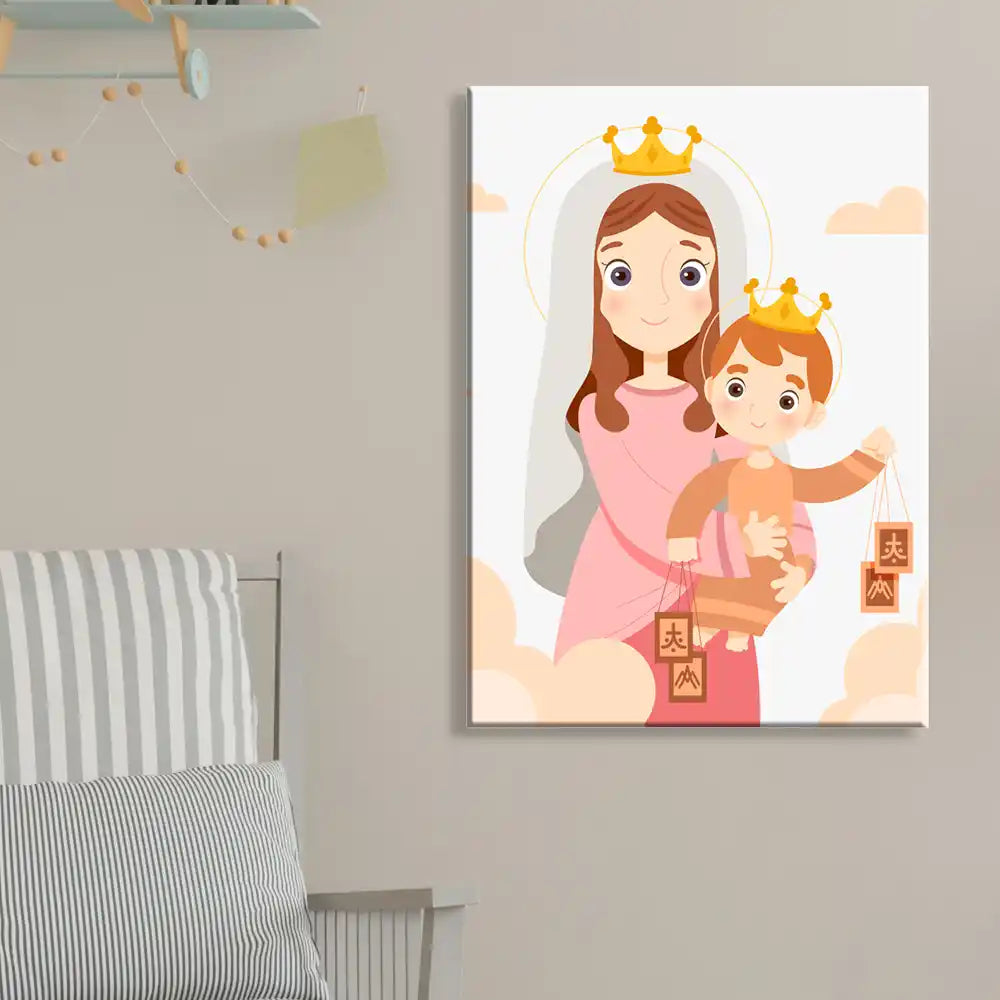 cuadro retrato de la Virgen María sosteniendo al Niño en un estilo ilustrado.