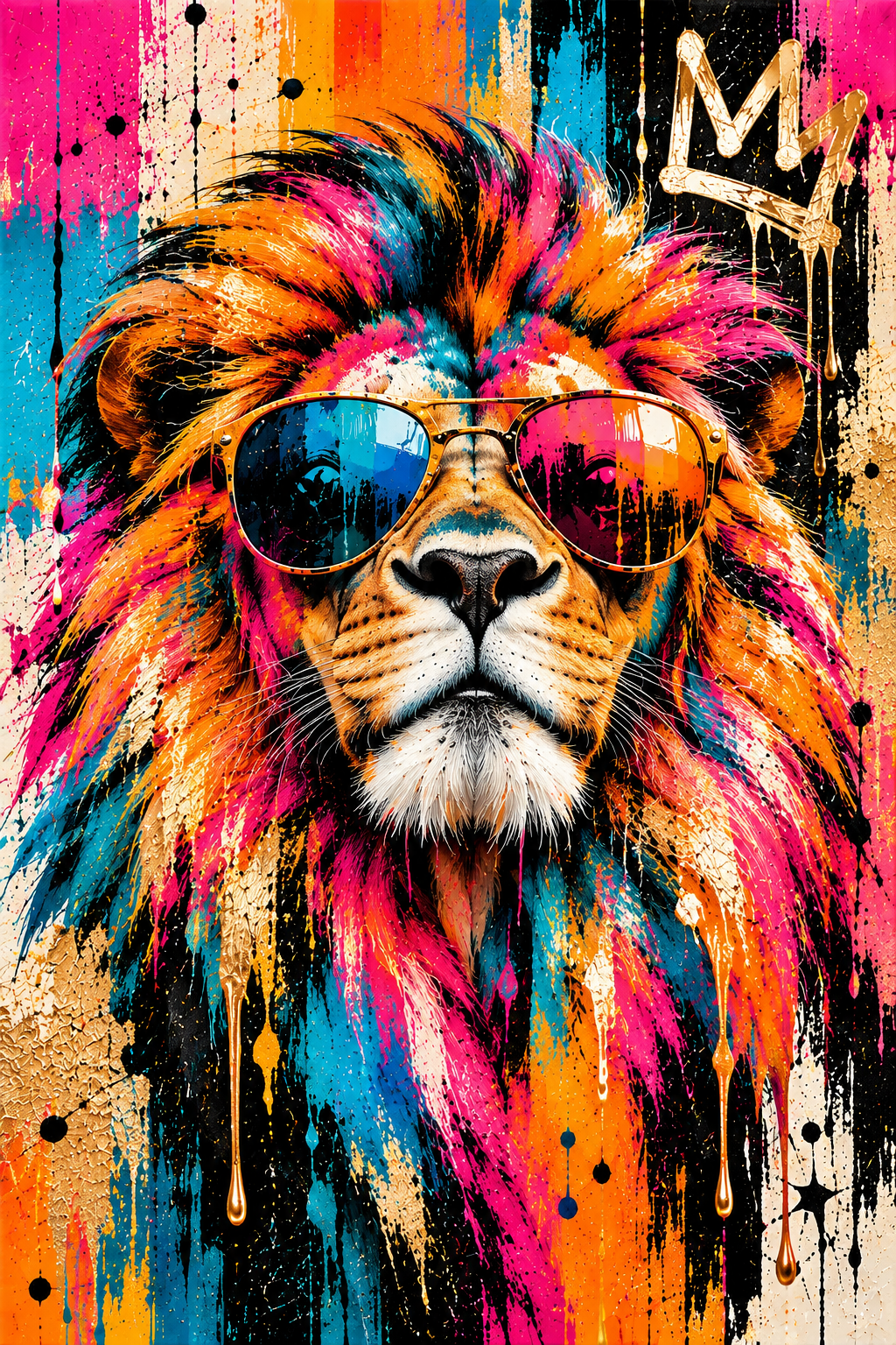 Cuadro de León Pop Art con Gafas de Sol y Corona – Arte Urbano Multicolor