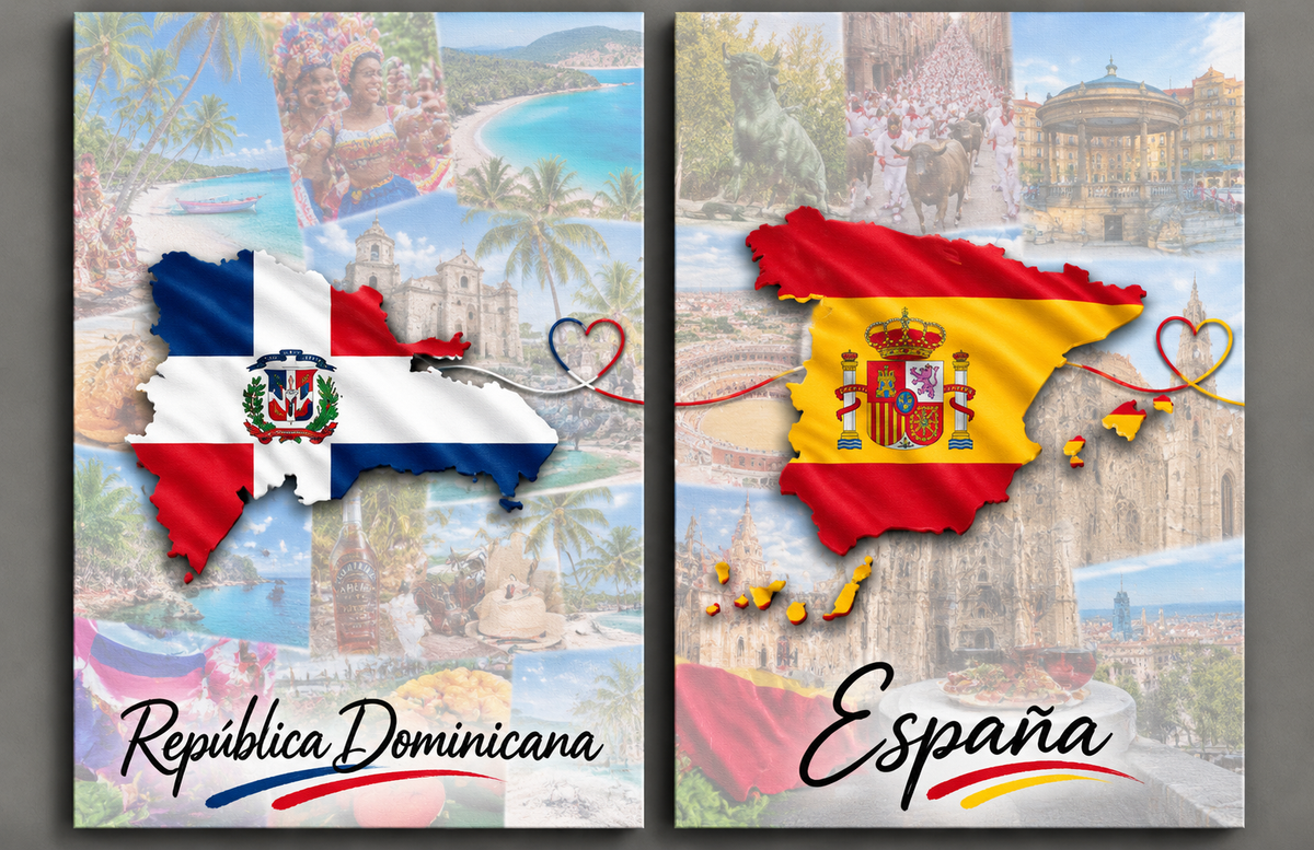 Cuadros República Dominicana y España – Set de 2 Mapas con Banderas y Paisajes