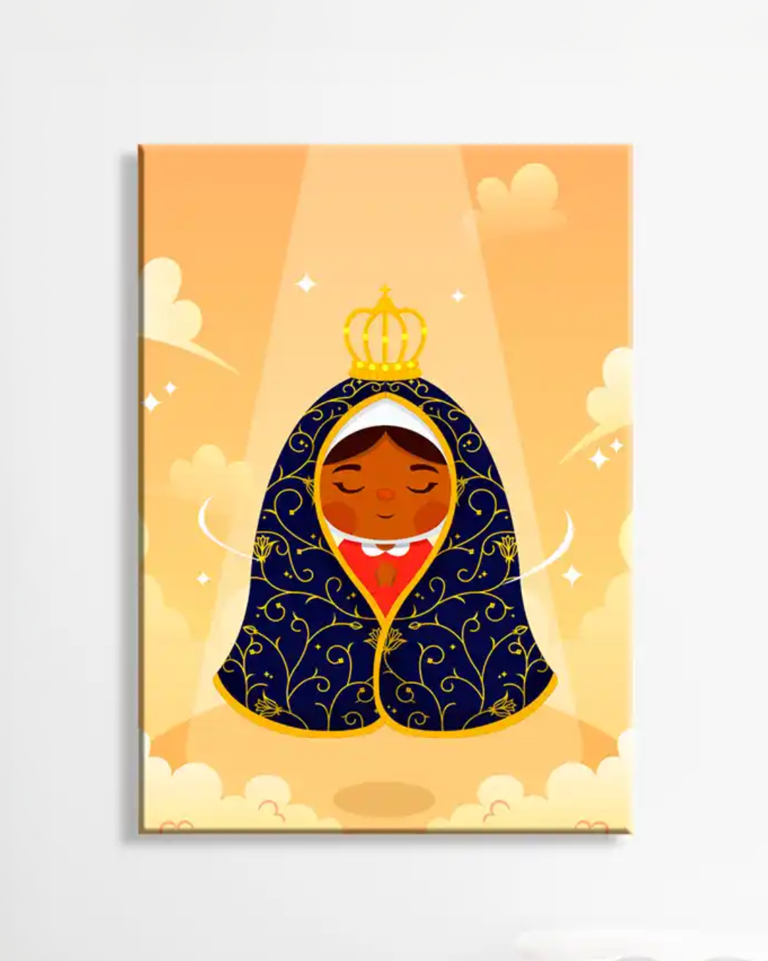 Cuadro Retrato Virgen María en Ilustración con Fondo Amarillo