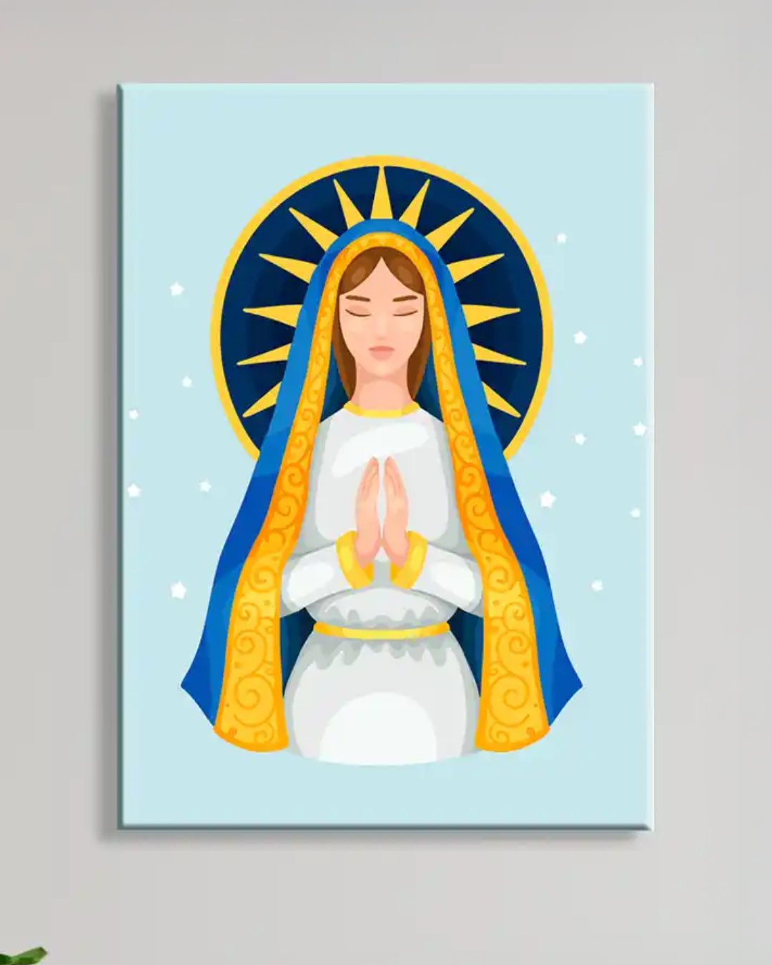 Cuadro Retrato Virgen María en Ilustración con Fondo Azul