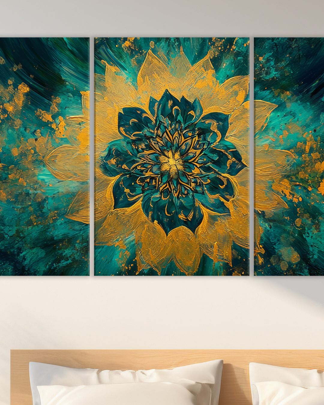 Cuadro Decorativo Flor Abstracta Dorada y Turquesa