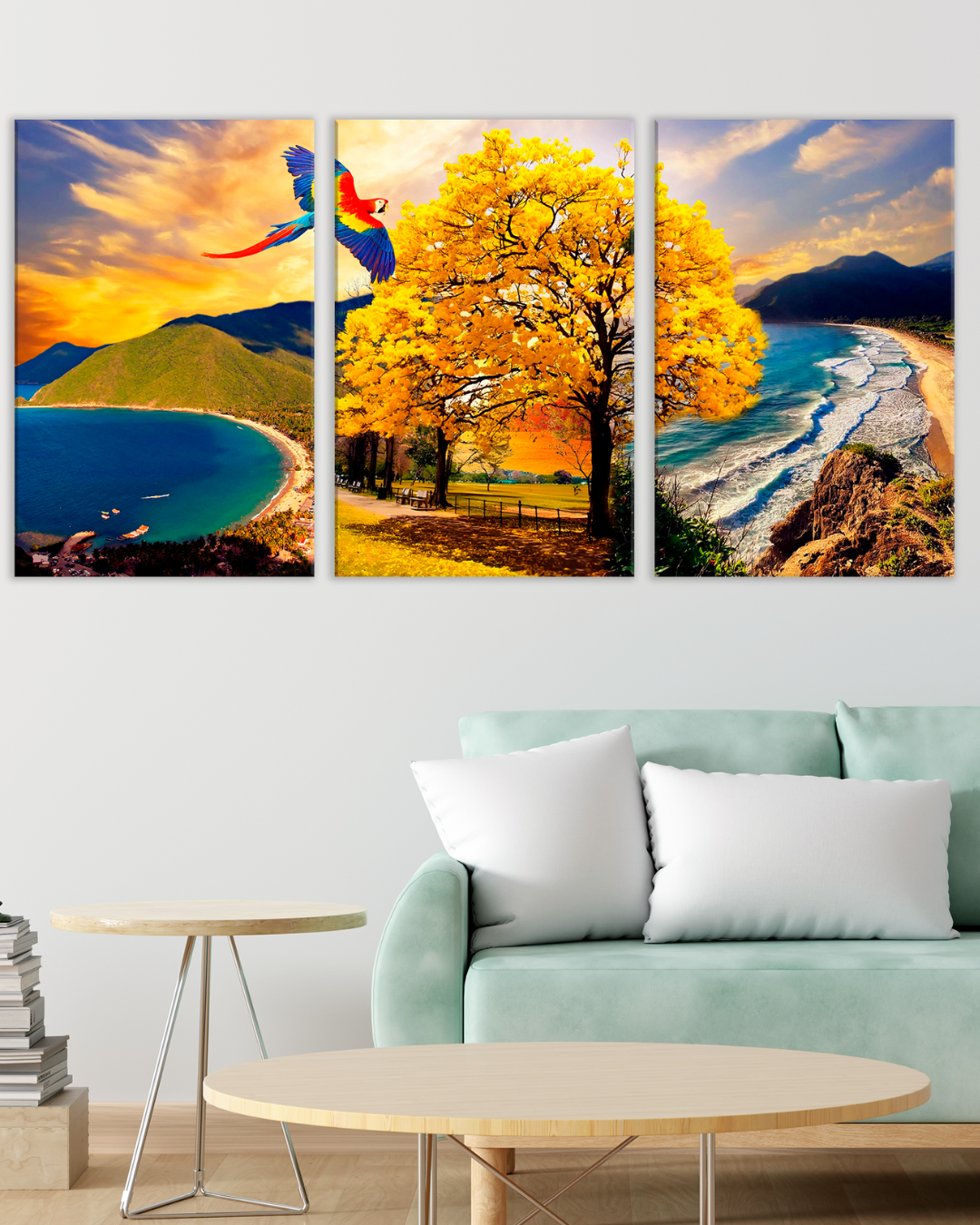 Cuadro decorativo Venezuela, Paisaje tropical con playa, araguaney y guacamaya