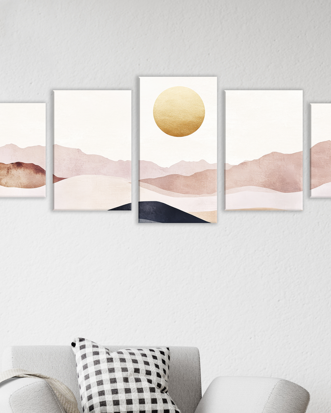 Cuadro Decorativo Moderno de Montañas y Sol Dorado