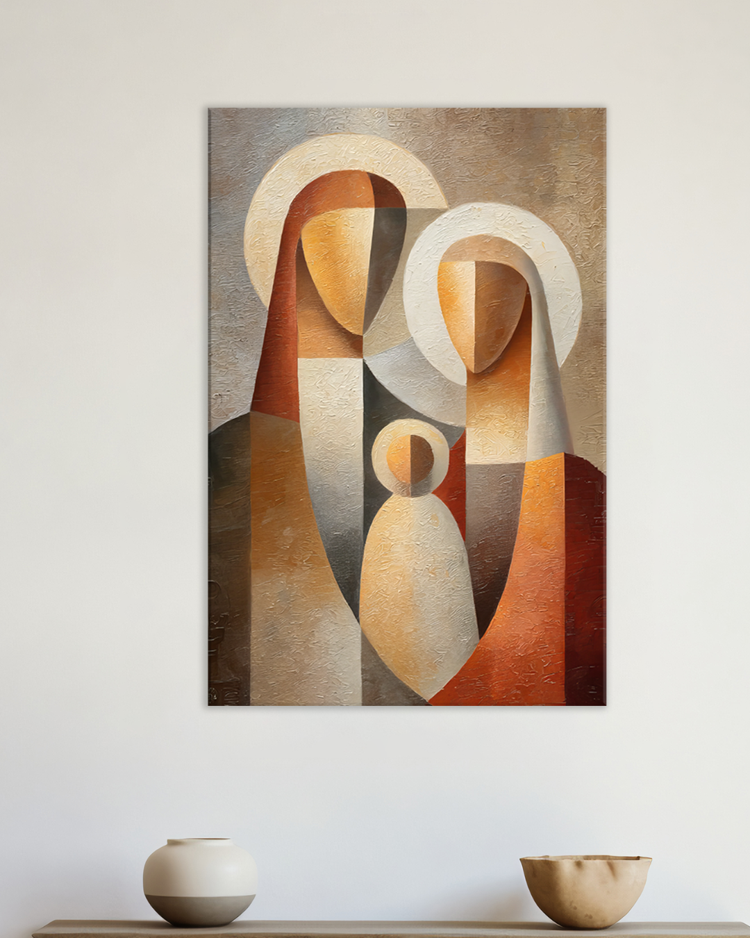 Cuadro moderno Sagrada Familia, Arte religioso abstracto en tonos cálidos