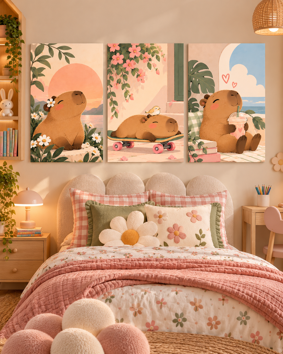 Set de 3 Cuadros Infantiles de Capibaras Aesthetic – Flores y Tonos Pastel