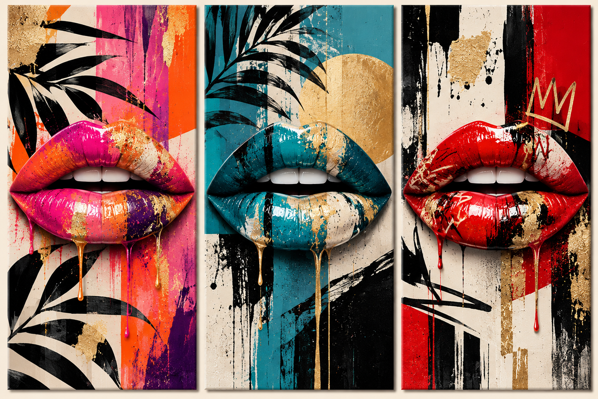 Cuadros Pop Art de Labios de Mujer – Tríptico Moderno Abstracto y Colorido