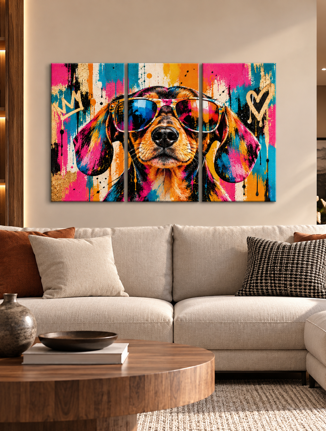 Cuadro de Perro Pop Art con Gafas de Sol – Tríptico Moderno Multicolor