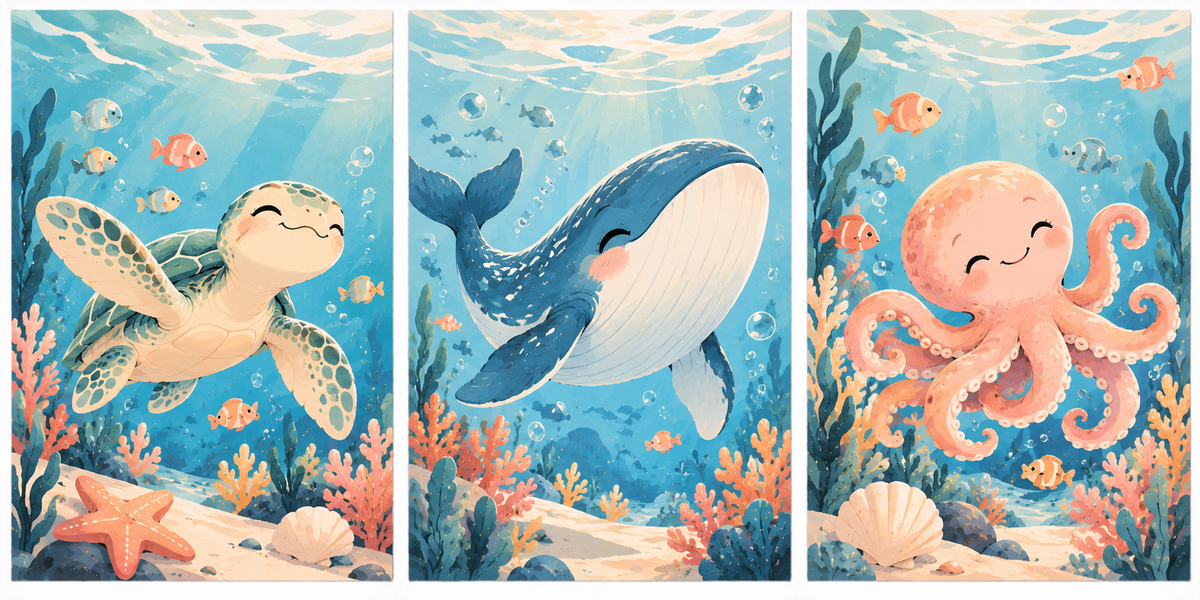 Set de 3 Cuadros Infantiles del Fondo Marino – Ballena, Tortuga y Pulpo