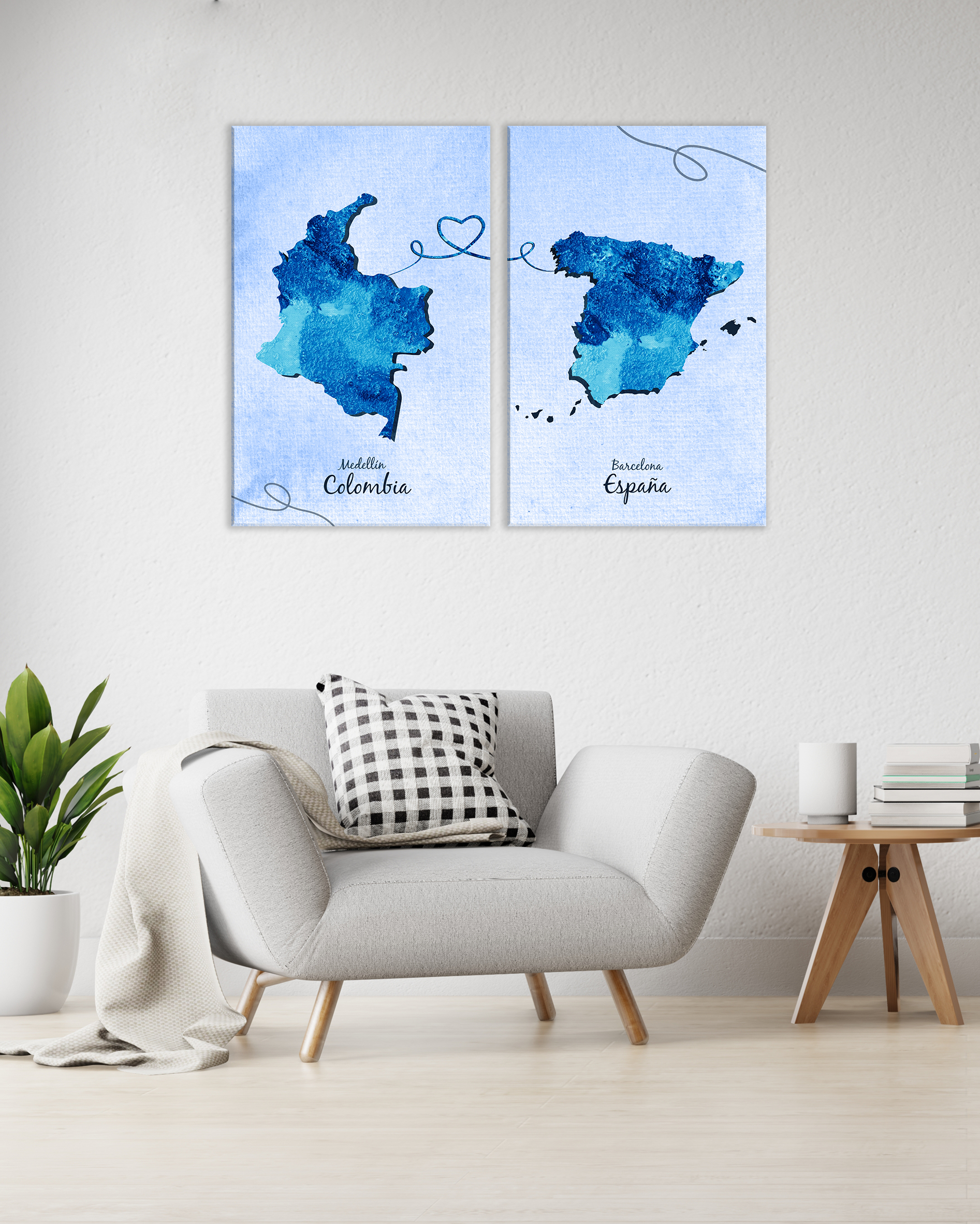 Mapas de Países. Set de 2 cuadros en tonos azulejos