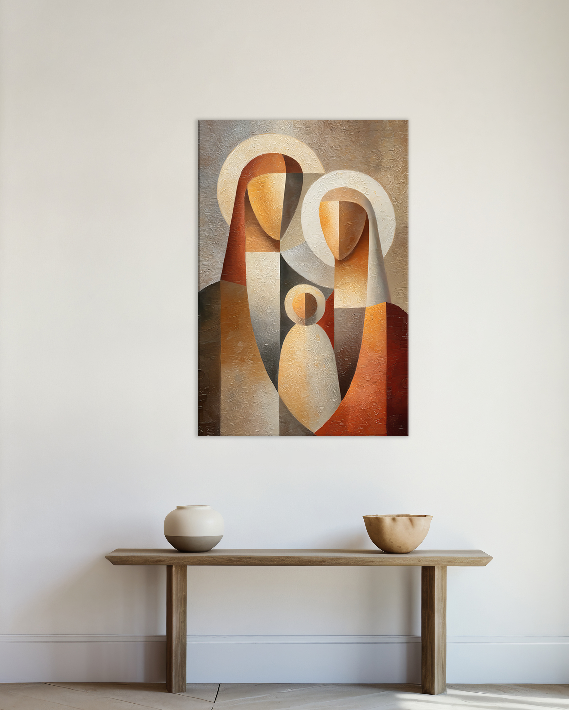 Cuadro moderno Sagrada Familia, Arte religioso abstracto en tonos cálidos