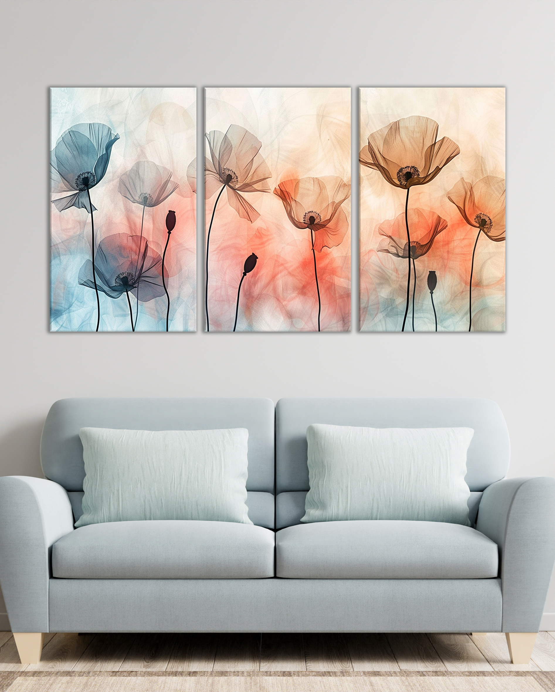 Tríptico de flores minimalistas en tonos suaves