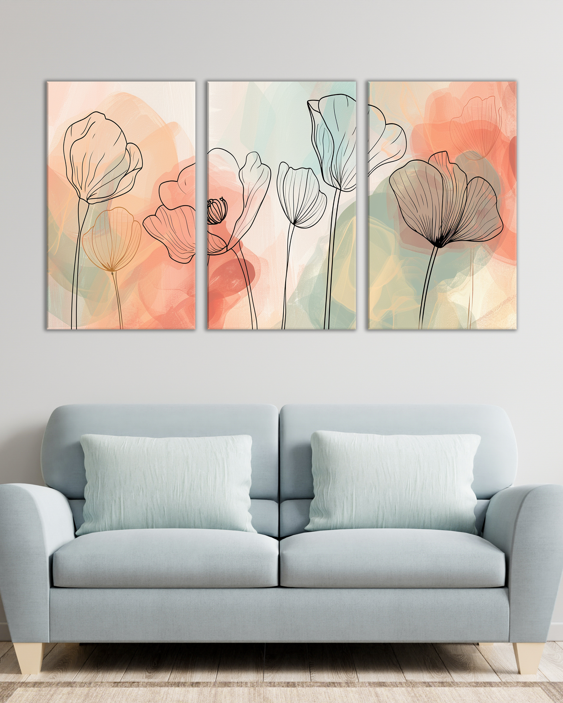 Tríptico floral minimalista en tonos pastel