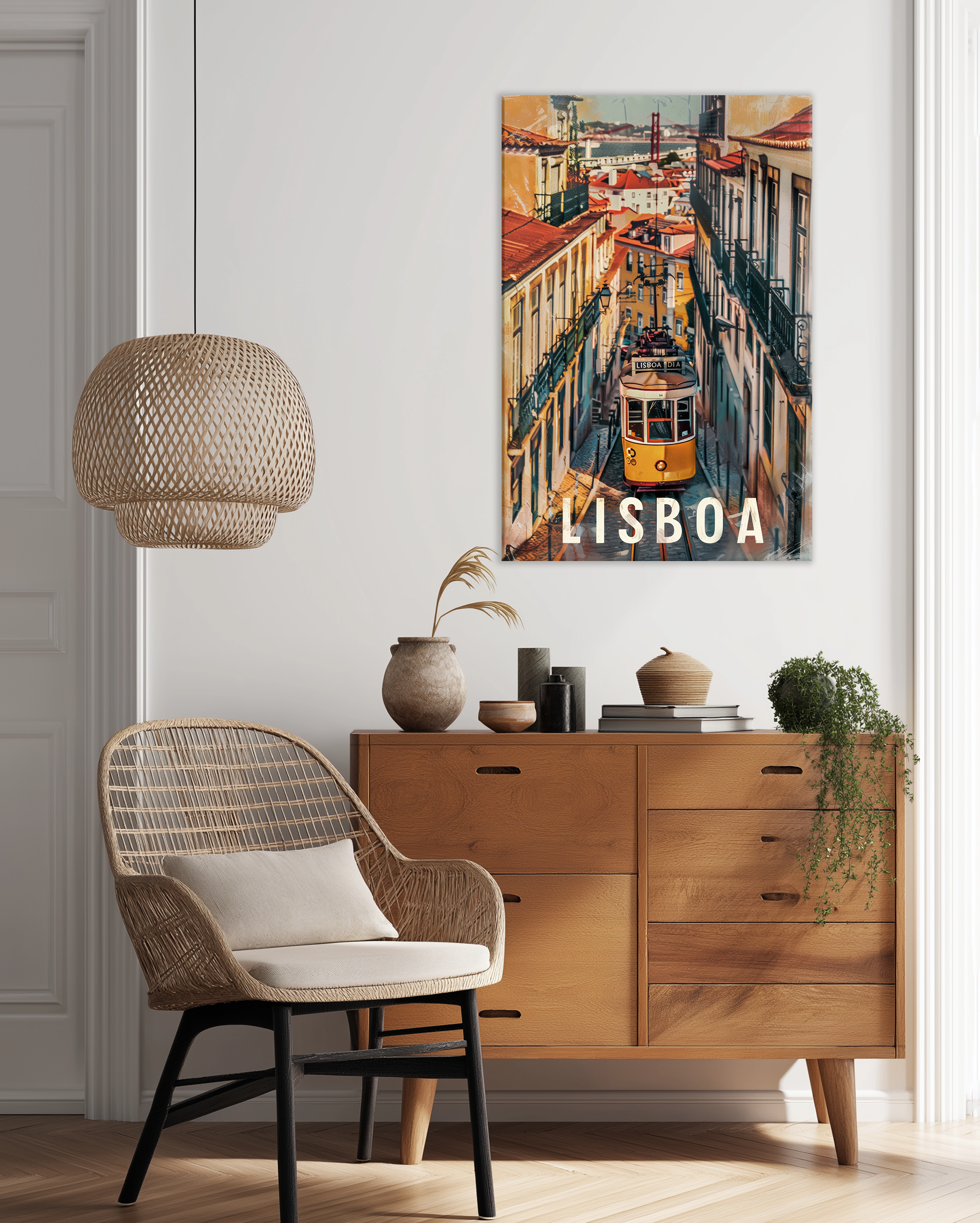 Cuadro decorativo de Lisboa con tranvía clásico en las calles del Barrio Alto