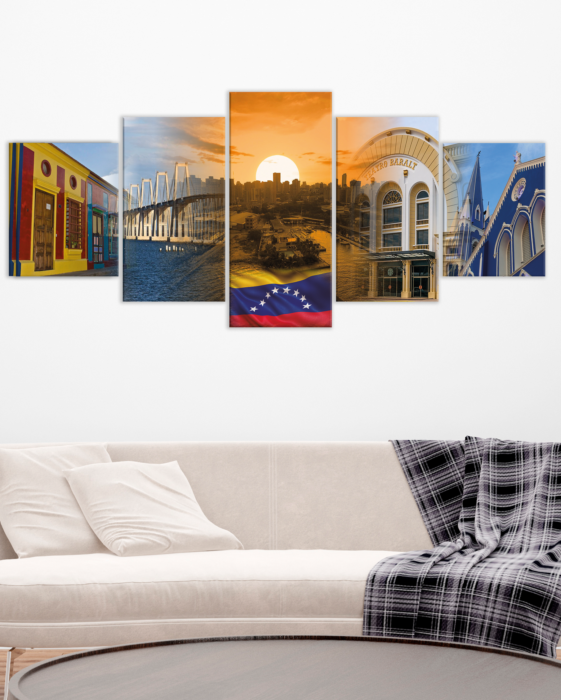 Cuadro Maracaibo 5 Piezas – Puente, Centro Histórico y Atardecer con Bandera