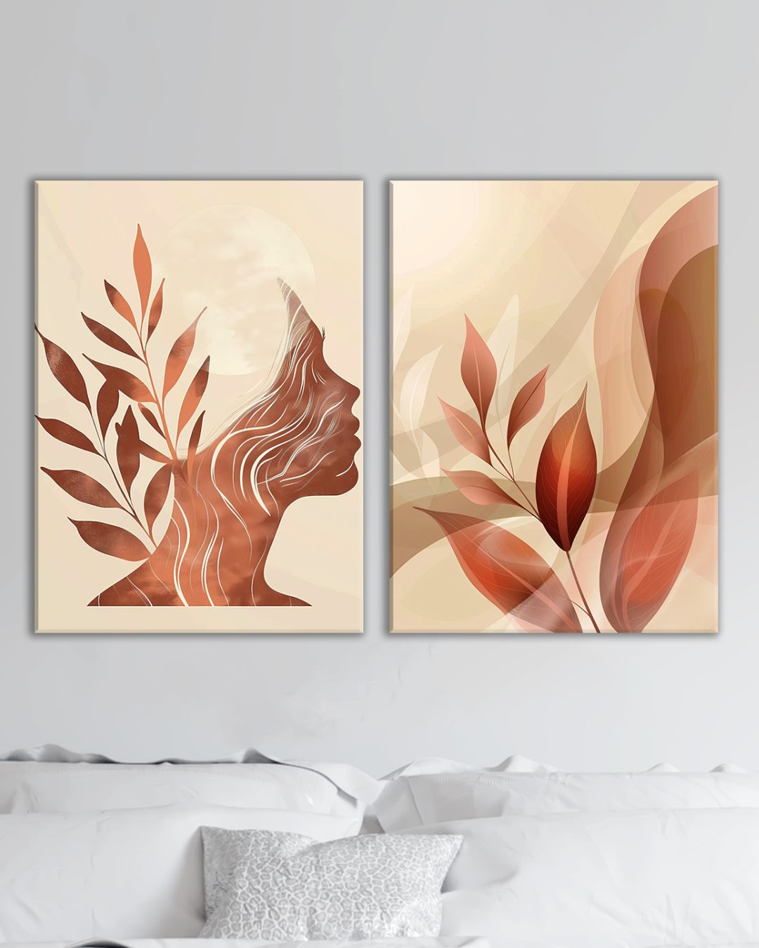 Cuadro decorativo silueta femenina con hojas, Arte moderno en tonos tierra
