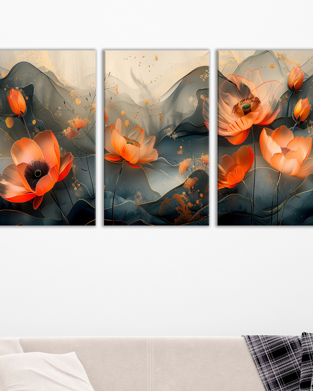 Tríptico floral moderno con amapolas rojas sobre fondo artístico en tonos oscuros