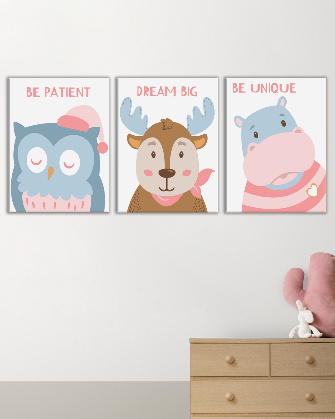 Cuadro Tríptico Infantil con Animales y Frases Positivas | Decoración para Habitación de Niños