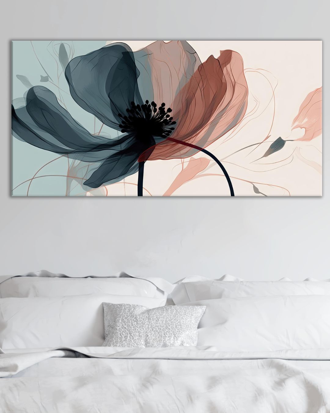 Cuadro floral moderno en azul profundo y terracota para dormitorio minimalista