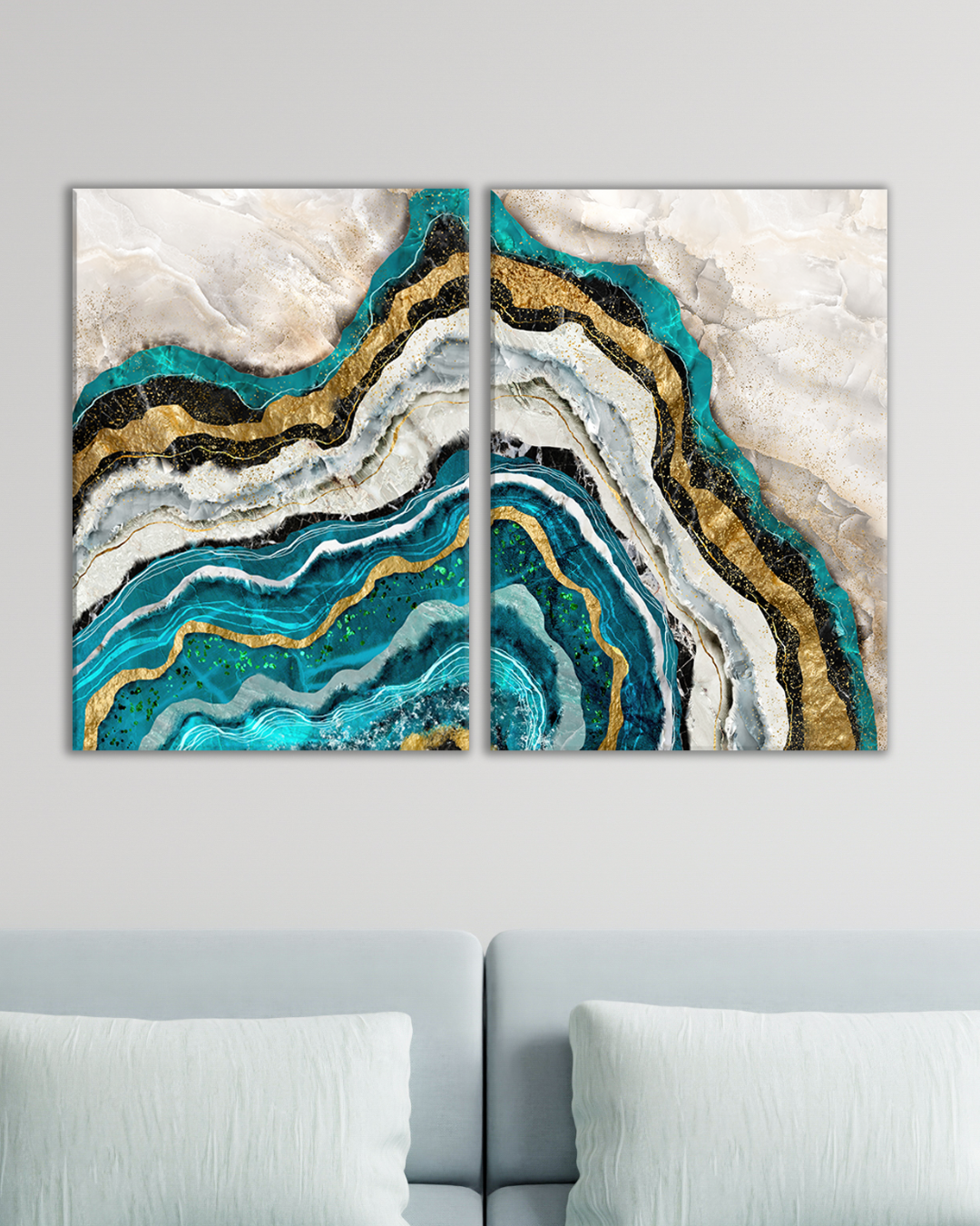 Cuadro Díptico Abstracto | Geoda Azul y Dorado Estilo Mineral