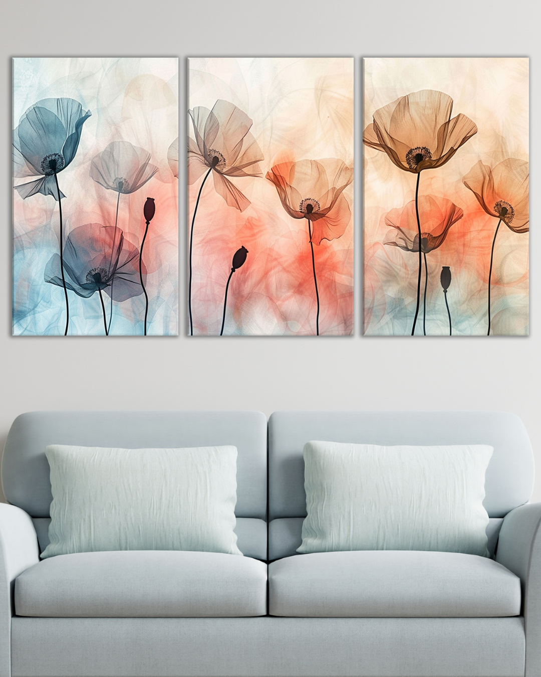 Tríptico de flores minimalistas en tonos suaves