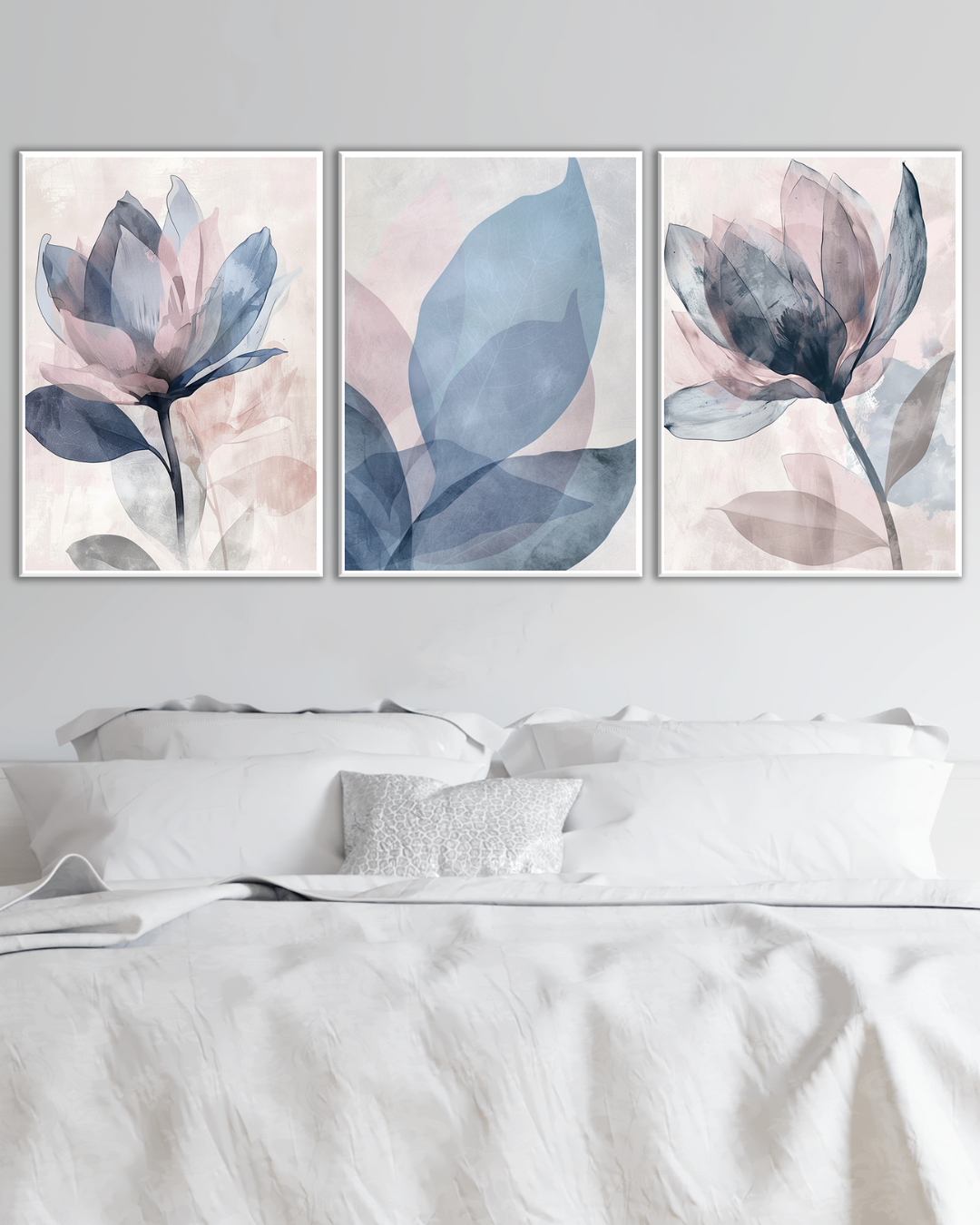 Tríptico de Flores en Acuarela – Cuadro Floral Moderno de Estilo Pastel