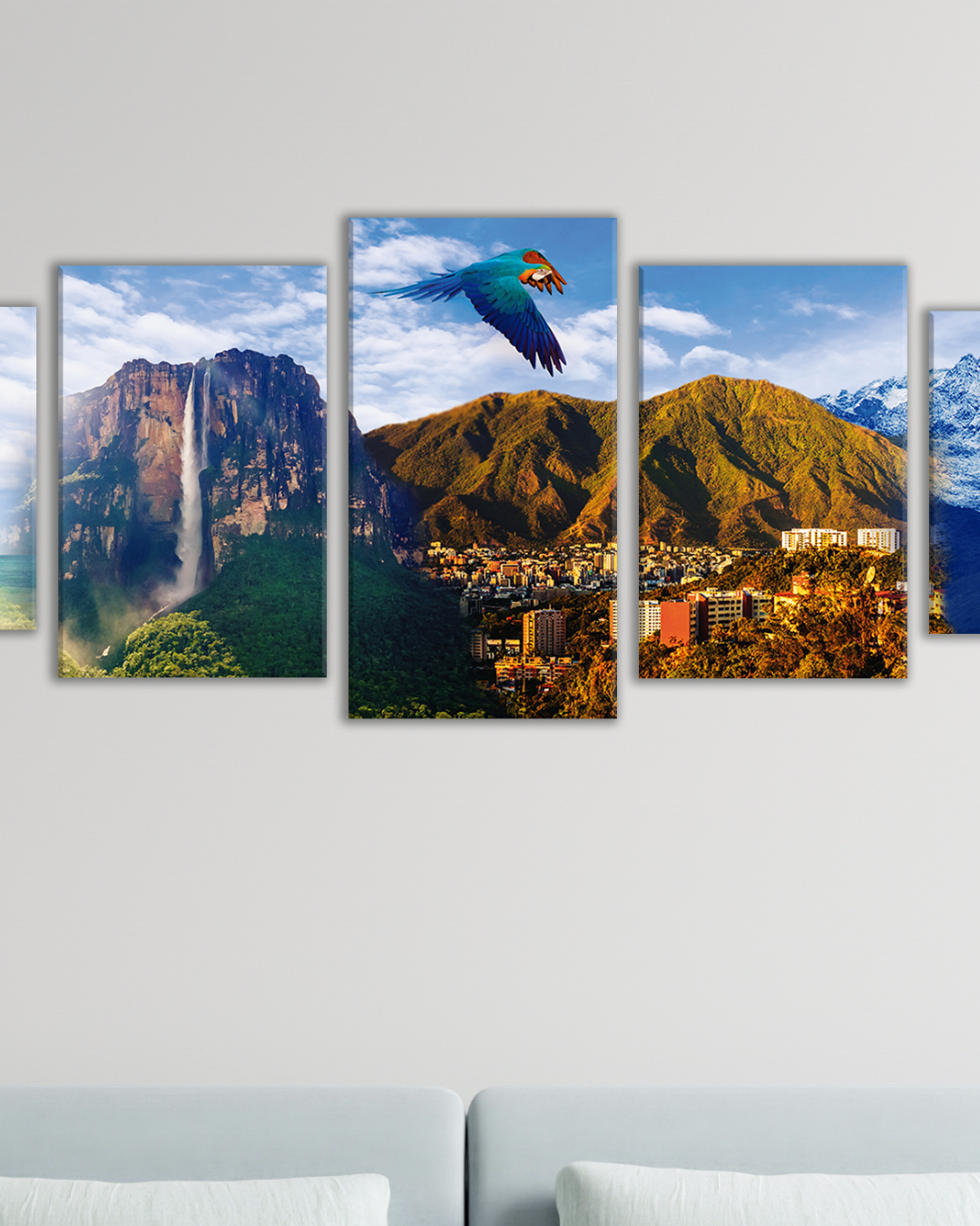 Cuadro de paisajes icónicos de Venezuela – Playa, Salto Ángel, Ávila y Pico Bolívar