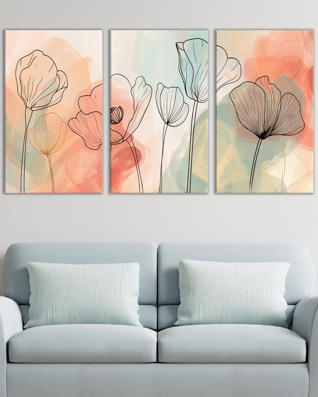 Tríptico floral minimalista en tonos pastel