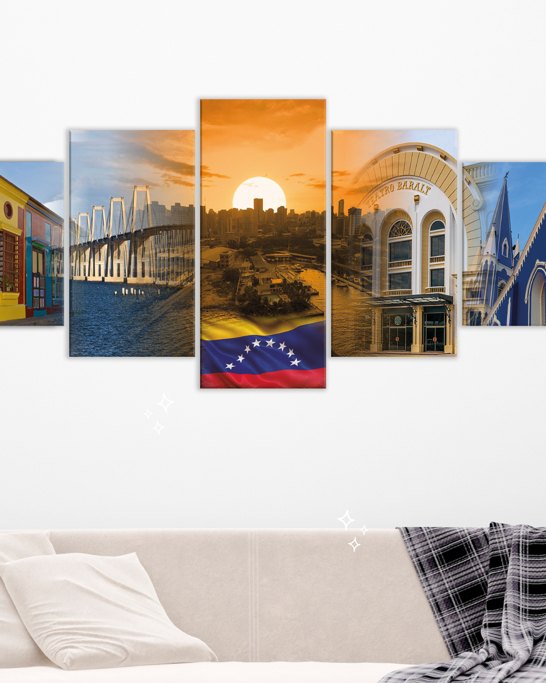 Cuadro Maracaibo 5 Piezas – Puente, Centro Histórico y Atardecer con Bandera