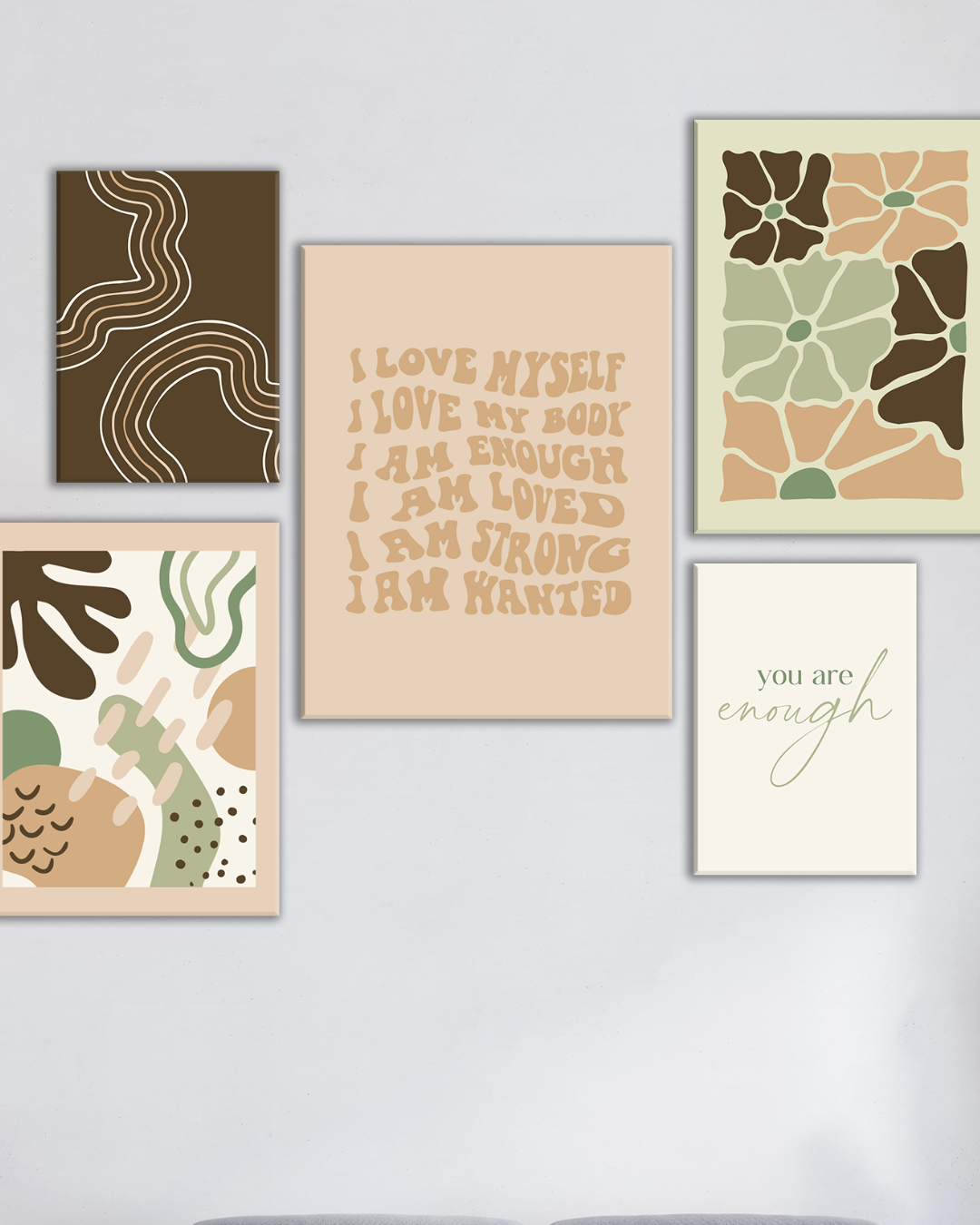 Set de Cuadros Abstractos y Frases Positivas en Tonos Tierra