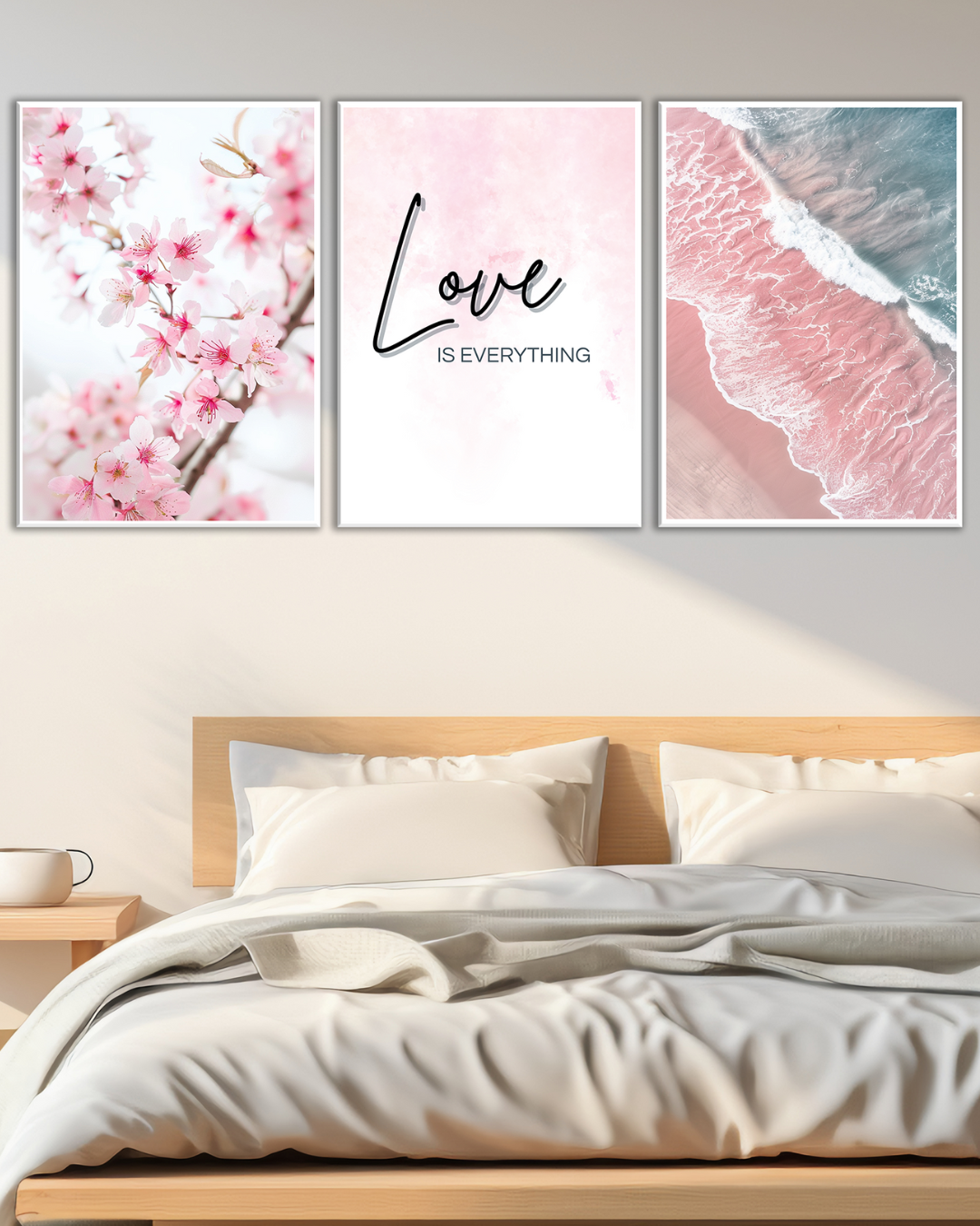 Tríptico decorativo romántico con flores, playa y frase inspiradora
