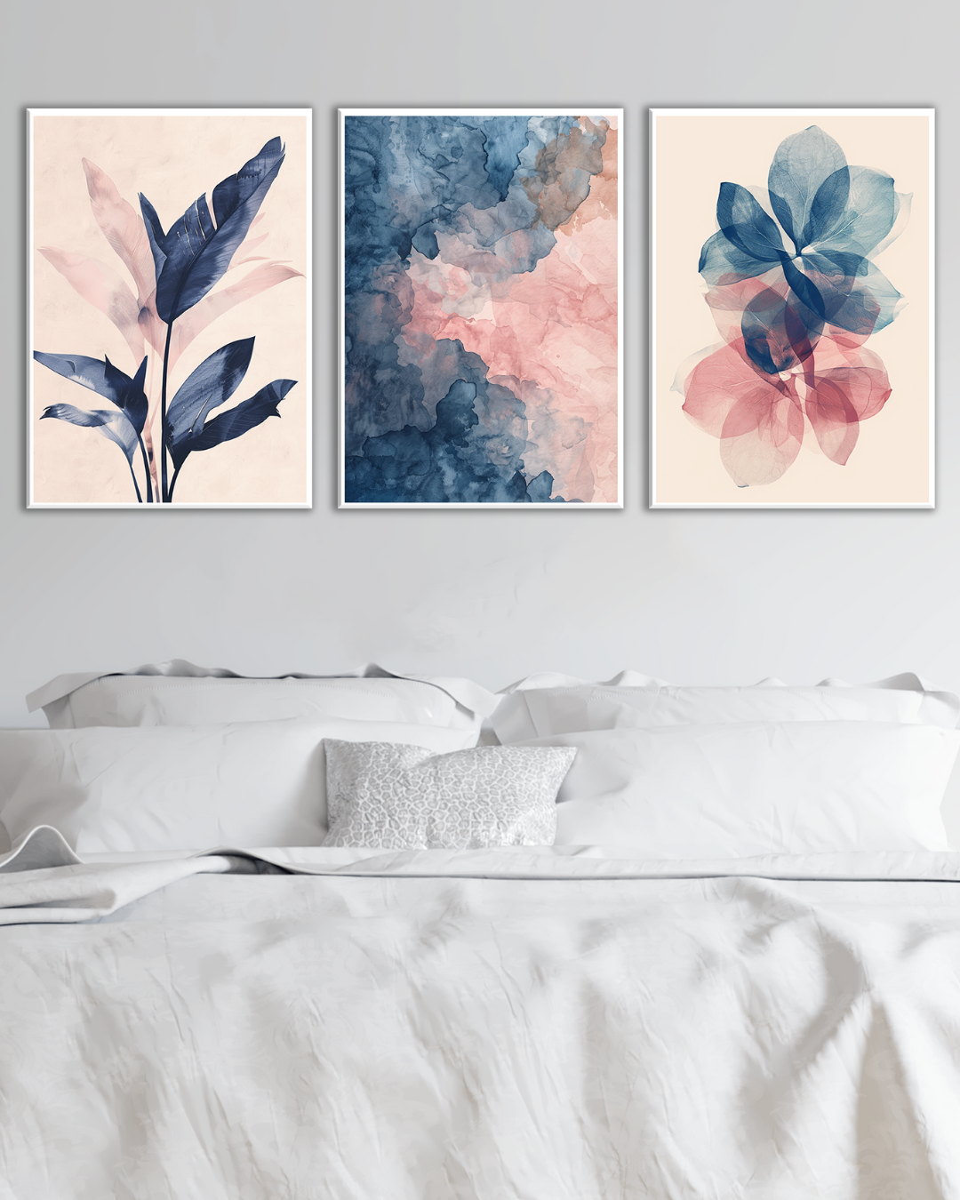Tríptico abstracto azul y rosa para dormitorio moderno