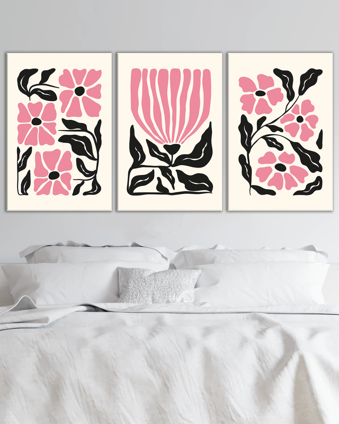 Cuadro tríptico floral moderno rosa y negro para dormitorio