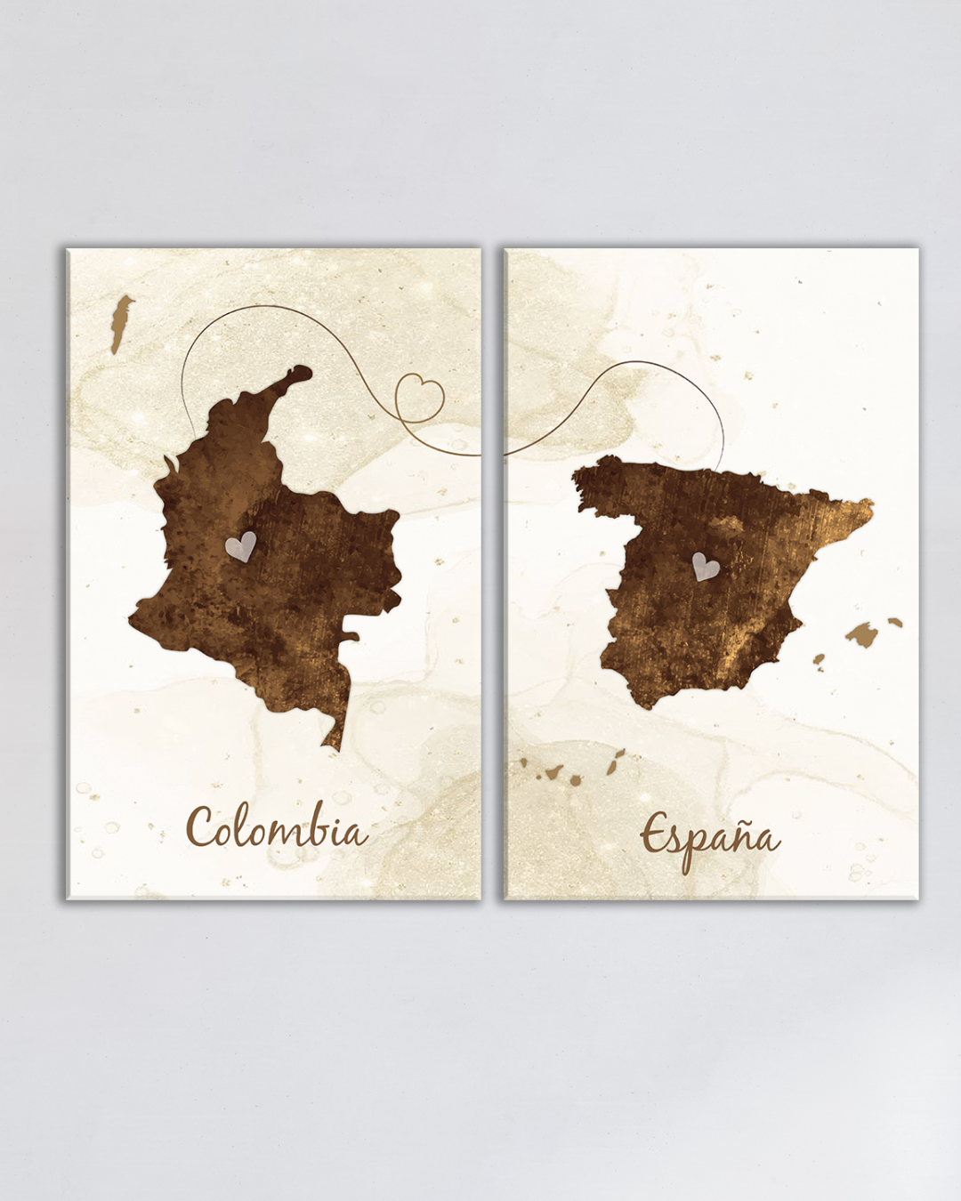 Cuadros mapas Colombia y España en tonos marron